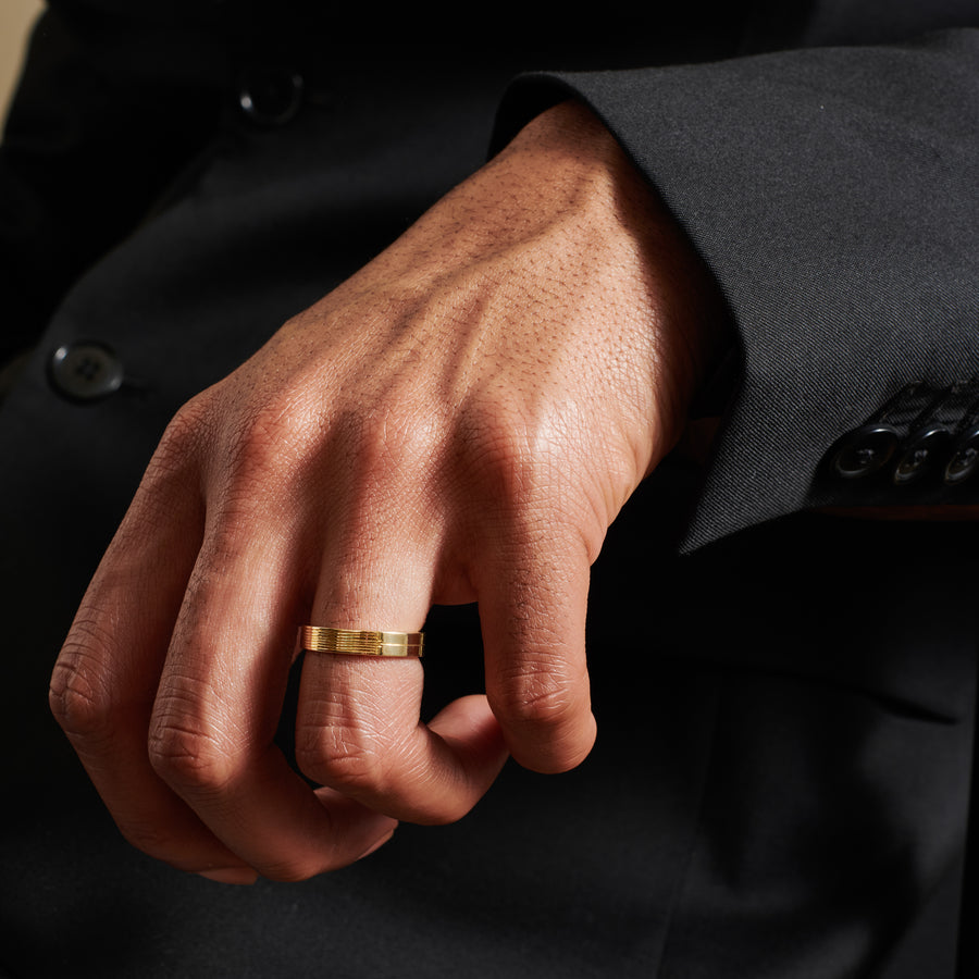 The Stream Engraved Flat Band - 4mm by East London jeweller Rachel Boston | Discover our collections of unique and timeless engagement rings, wedding rings, and modern fine jewellery. - Rachel Boston Jewellery
