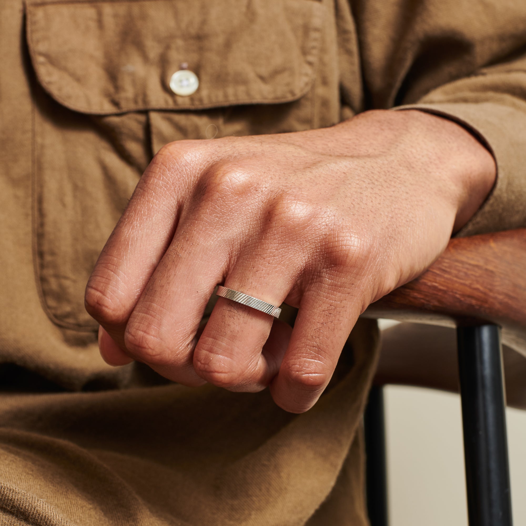 The Engraved Diagonal Flat Band - 3mm by East London jeweller Rachel Boston | Discover our collections of unique and timeless engagement rings, wedding rings, and modern fine jewellery.