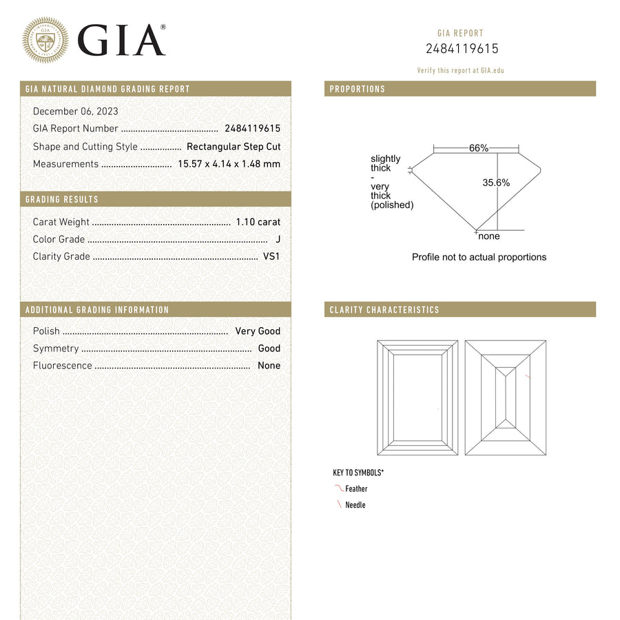 The 1.10ct 15.57x4.14x1.48mm GIA VS1 J Baguette Step Cut 24305-01 by East London jeweller Rachel Boston | Discover our collections of unique and timeless engagement rings, wedding rings, and modern fine jewellery. - Rachel Boston Jewellery