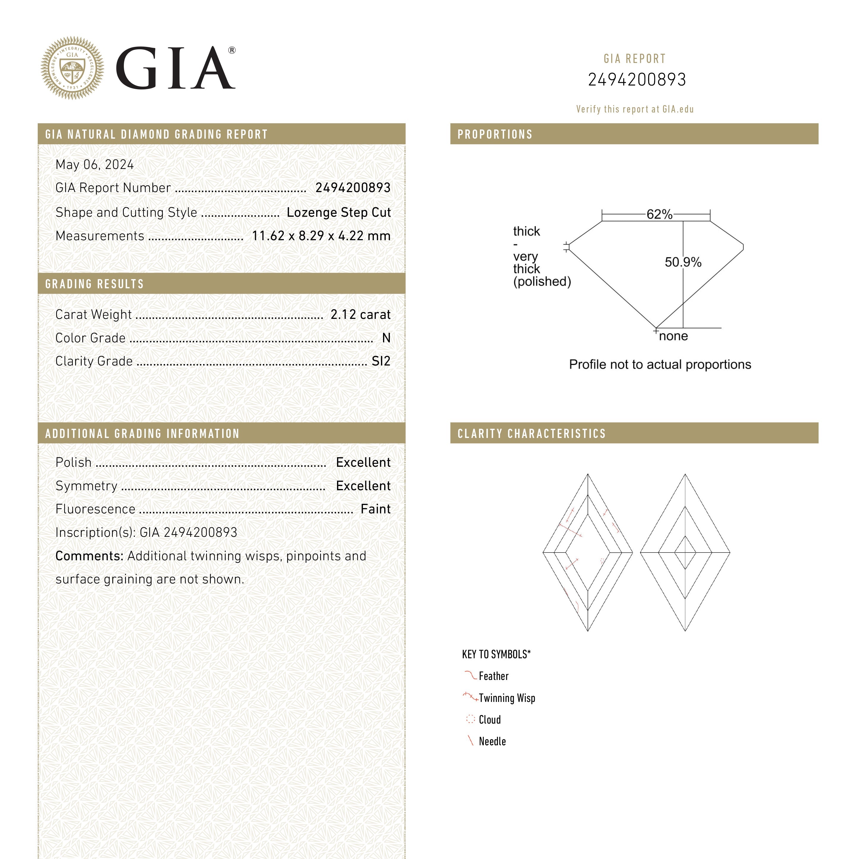 The 2.12ct 11.62x8.29x4.22mm GIA SI2 N Lozenge Step Cut 25913-01 by East London jeweller Rachel Boston | Discover our collections of unique and timeless engagement rings, wedding rings, and modern fine jewellery.