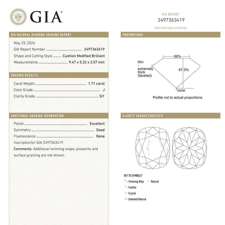The 1.71ct 9.47x5.32x3.57mm GIA SI1 J Cushion Brilliant 25165-01 by East London jeweller Rachel Boston | Discover our collections of unique and timeless engagement rings, wedding rings, and modern fine jewellery. - Rachel Boston Jewellery
