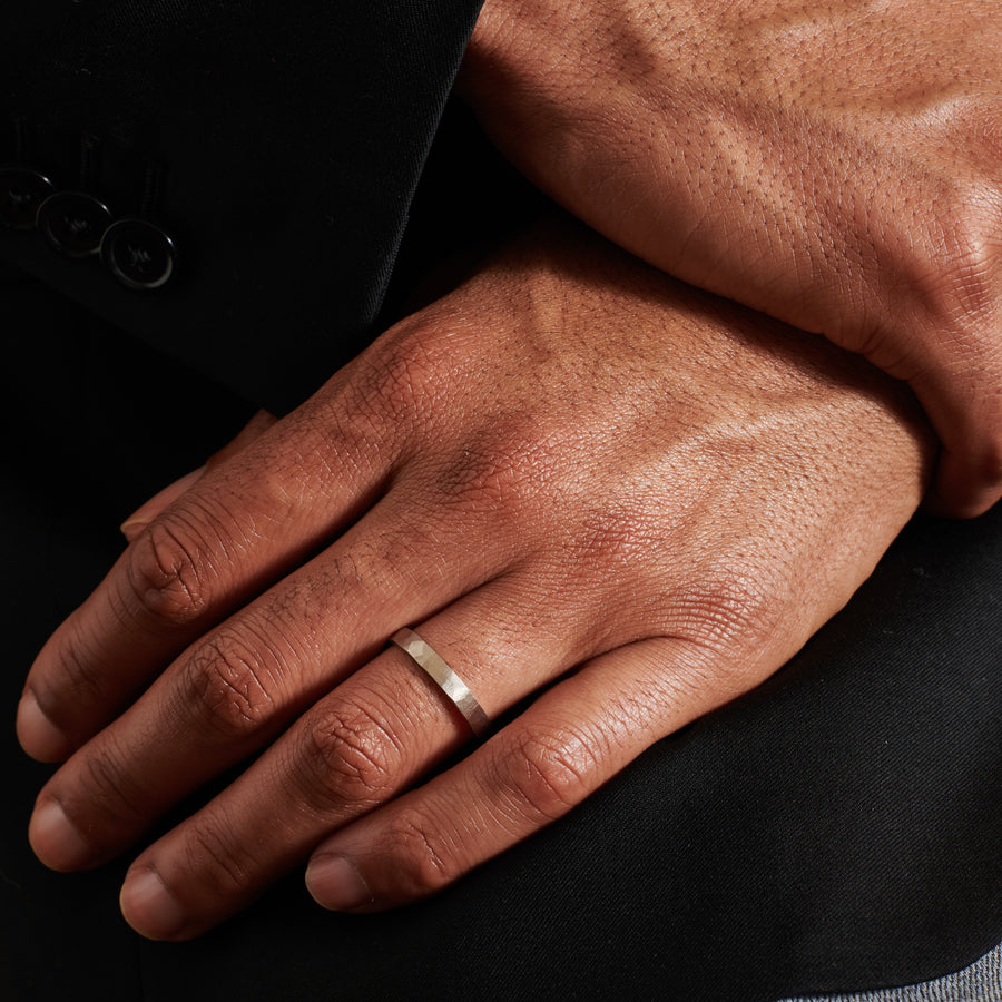 The Polished Hammered Flat Wedding Band - 3.5mm by East London jeweller Rachel Boston | Discover our collections of unique and timeless engagement rings, wedding rings, and modern fine jewellery. - Rachel Boston Jewellery