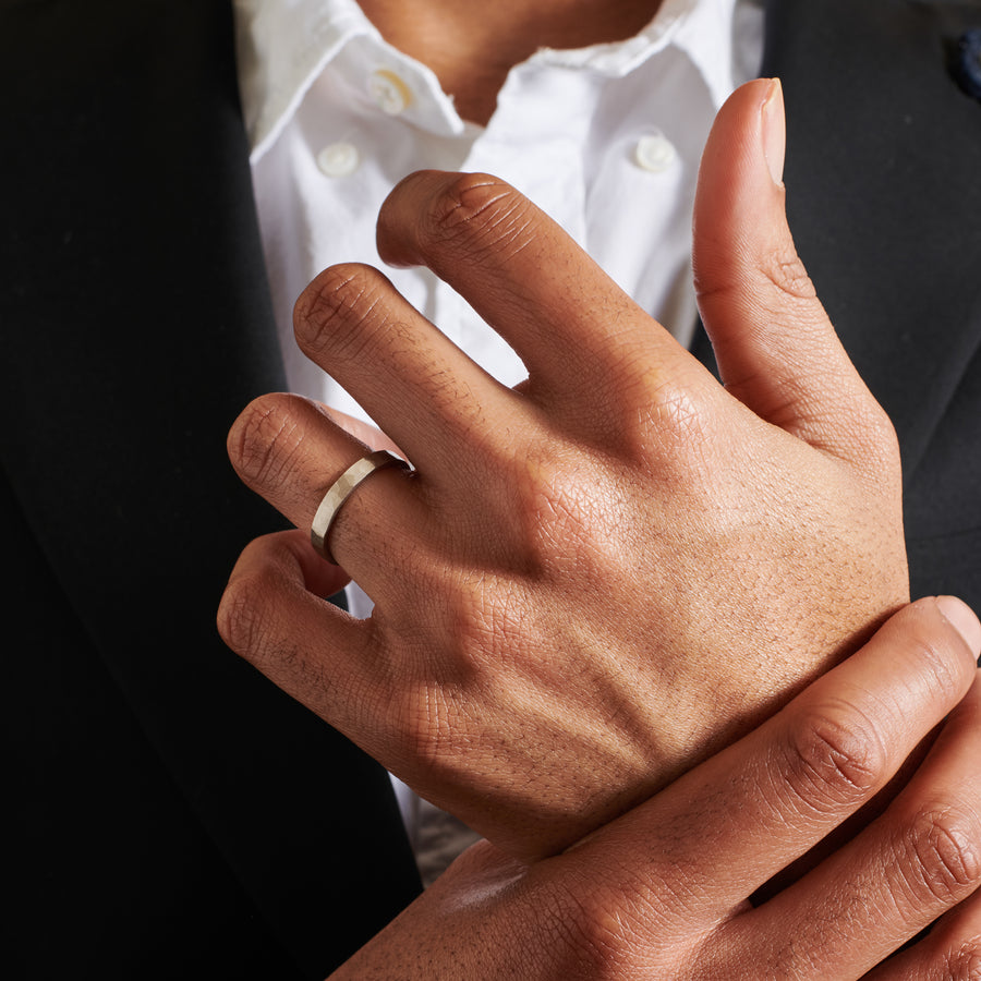 The Matte Hammered Flat Wedding Band - 3.5mm by East London jeweller Rachel Boston | Discover our collections of unique and timeless engagement rings, wedding rings, and modern fine jewellery. - Rachel Boston Jewellery