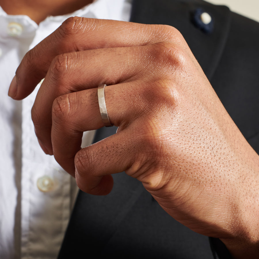 The Matte Hammered Flat Wedding Band - 3.5mm by East London jeweller Rachel Boston | Discover our collections of unique and timeless engagement rings, wedding rings, and modern fine jewellery. - Rachel Boston Jewellery