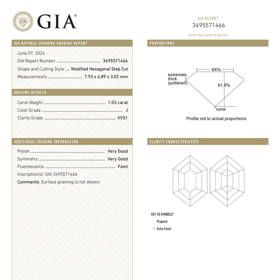 The 1.03ct 7.93x4.89x3.02mm GIA VVS1 J Hexagon Step Cut 25803-05 by East London jeweller Rachel Boston | Discover our collections of unique and timeless engagement rings, wedding rings, and modern fine jewellery. - Rachel Boston Jewellery
