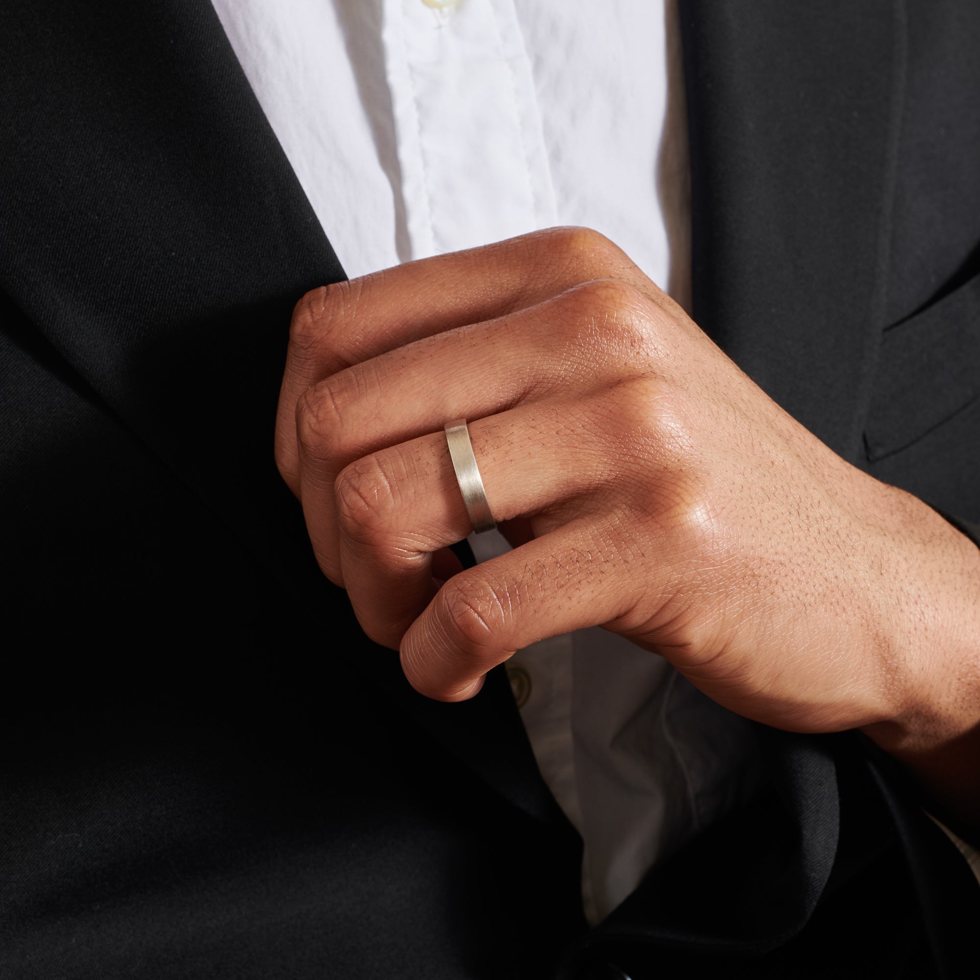 The Matte Finish Flat Wedding Band - 4mm by East London jeweller Rachel Boston | Discover our collections of unique and timeless engagement rings, wedding rings, and modern fine jewellery.