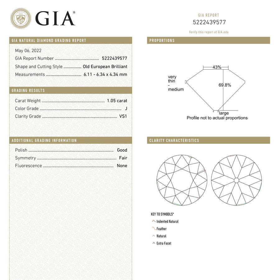 1.05ct 6.34x6.11x4.34mm GIA VS1 J Antique Old European Cut 21674-01 - Rachel Boston Jewellery