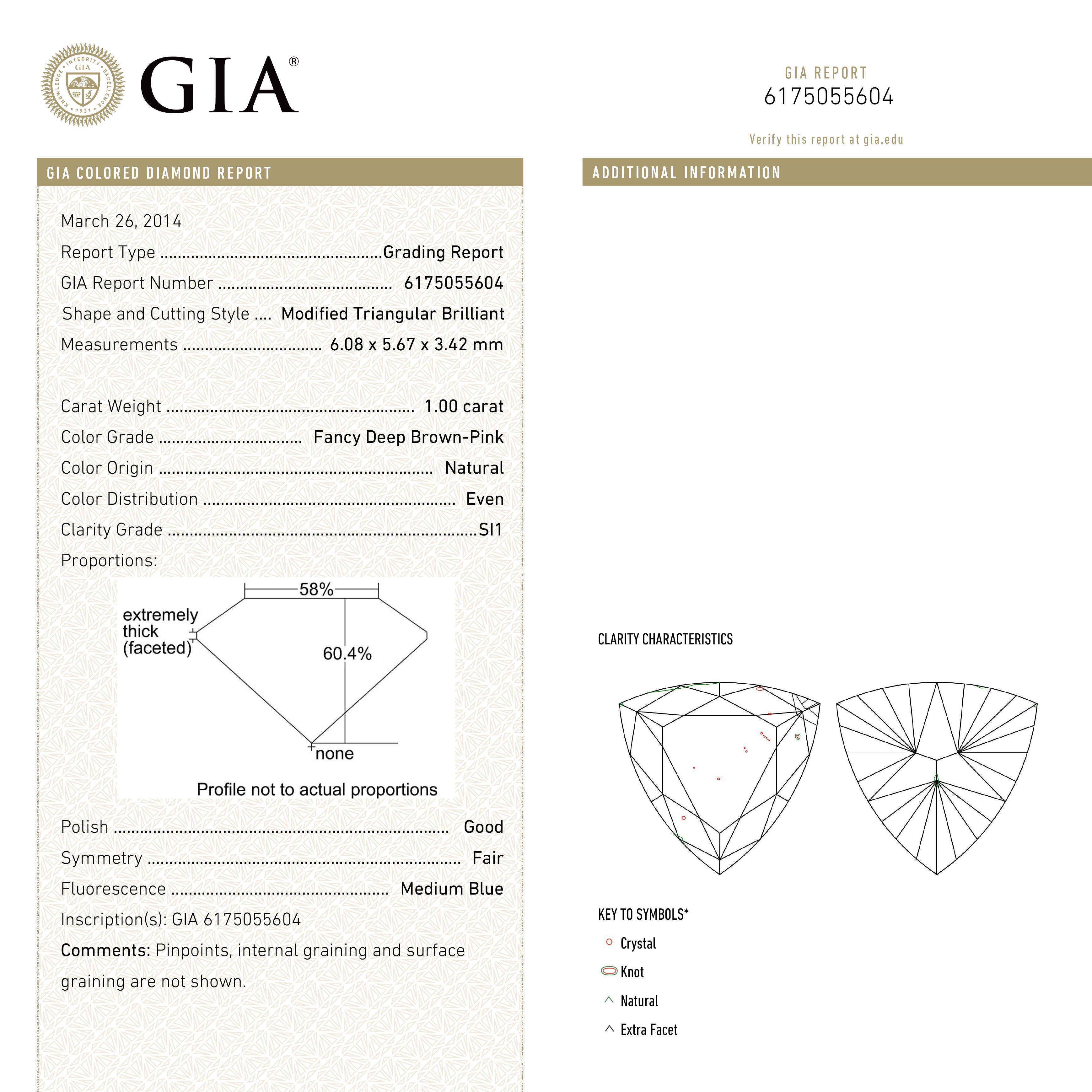 The 1.00ct 6.08x5.67x3.42mm GIA SI1 Fancy Deep Brown-Pink Trillion Brilliant 🇦🇺 24113-01 by East London jeweller Rachel Boston | Discover our collections of unique and timeless engagement rings, wedding rings, and modern fine jewellery.
