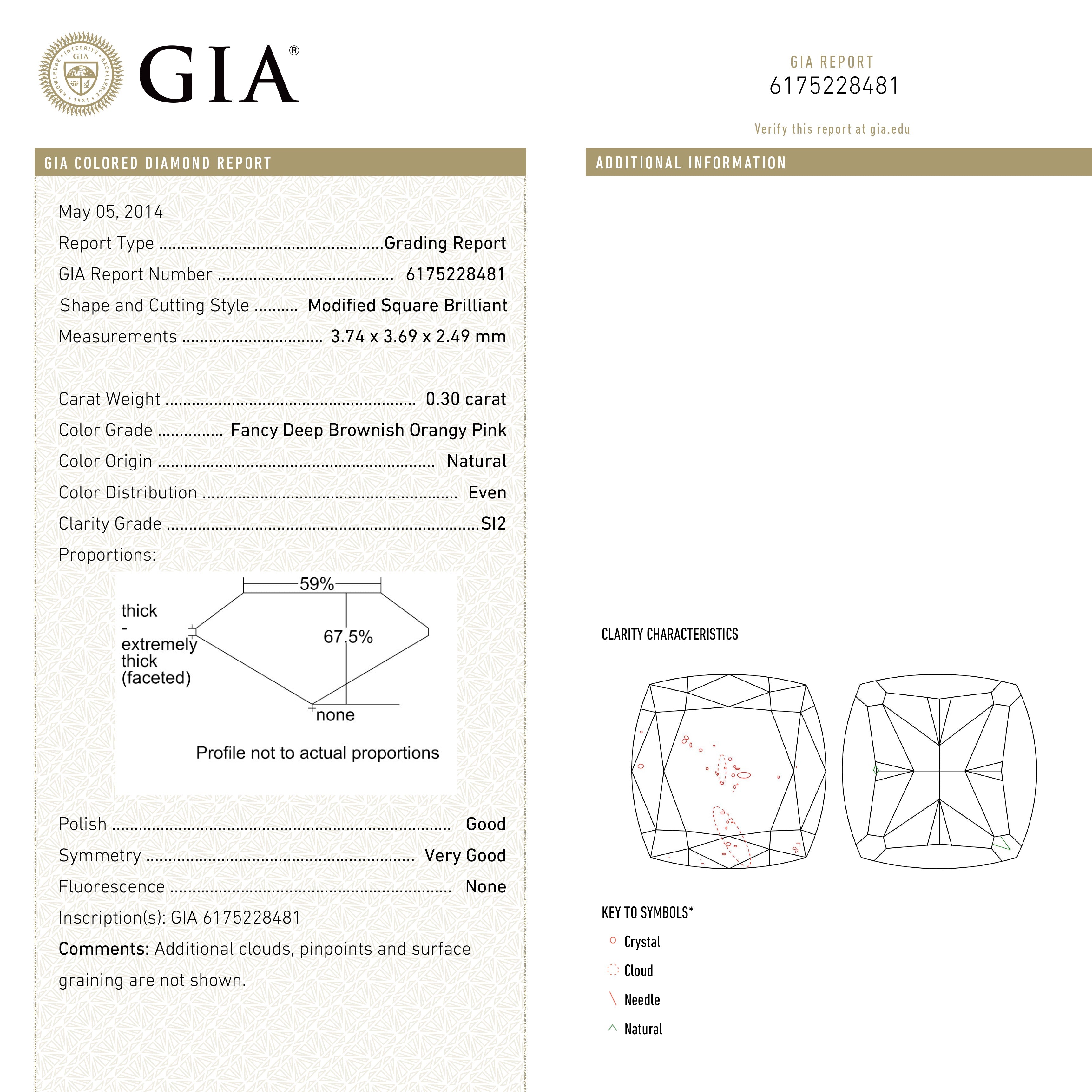 The 0.30ct 3.74x3.69x2.49mm GIA SI2 Fancy Deep Brownish Orangy Pink Cushion Brilliant 🇦🇺 24104-01 by East London jeweller Rachel Boston | Discover our collections of unique and timeless engagement rings, wedding rings, and modern fine jewellery.