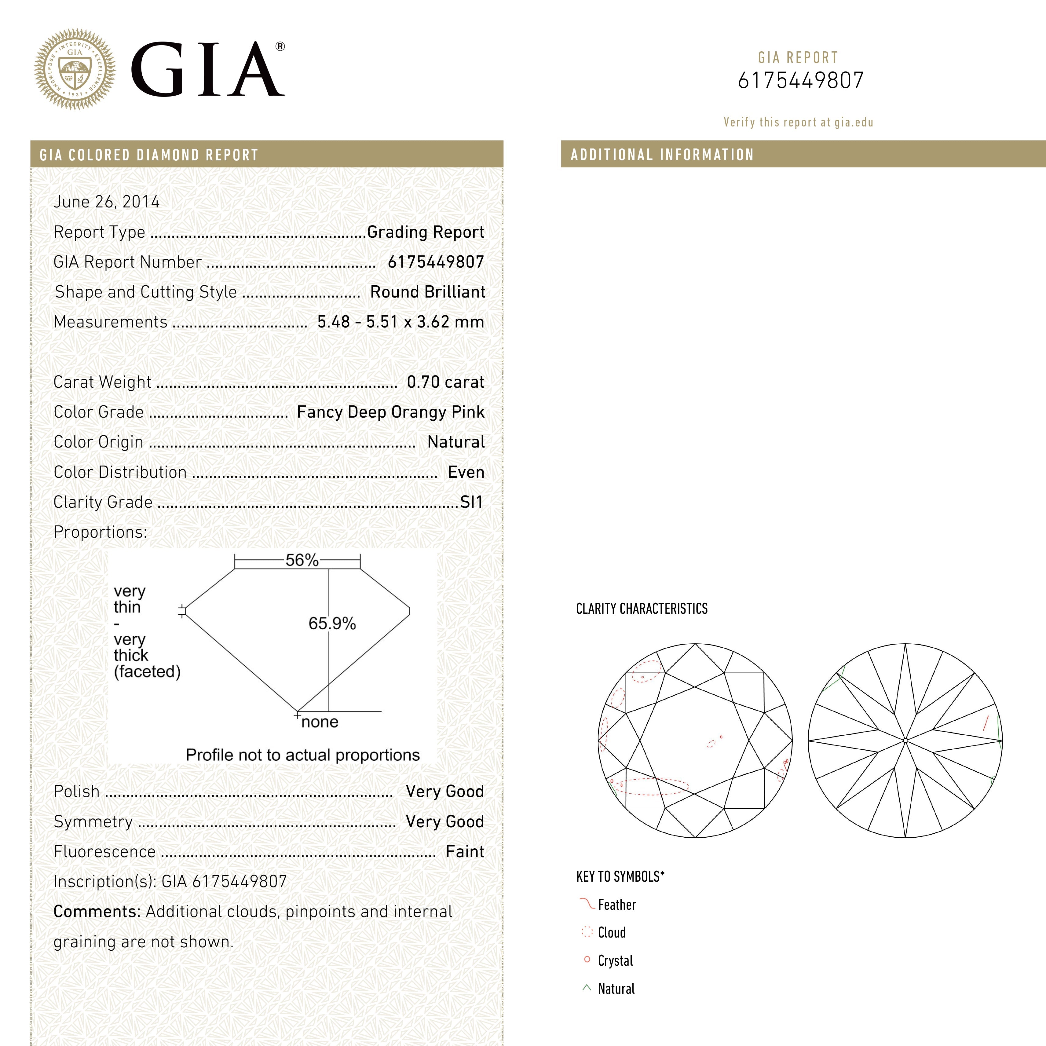 The 0.70ct 5.51x5.48x3.62 GIA SI1 Fancy Deep Orangy Pink Round Brilliant 🇦🇺 24147-01 by East London jeweller Rachel Boston | Discover our collections of unique and timeless engagement rings, wedding rings, and modern fine jewellery.
