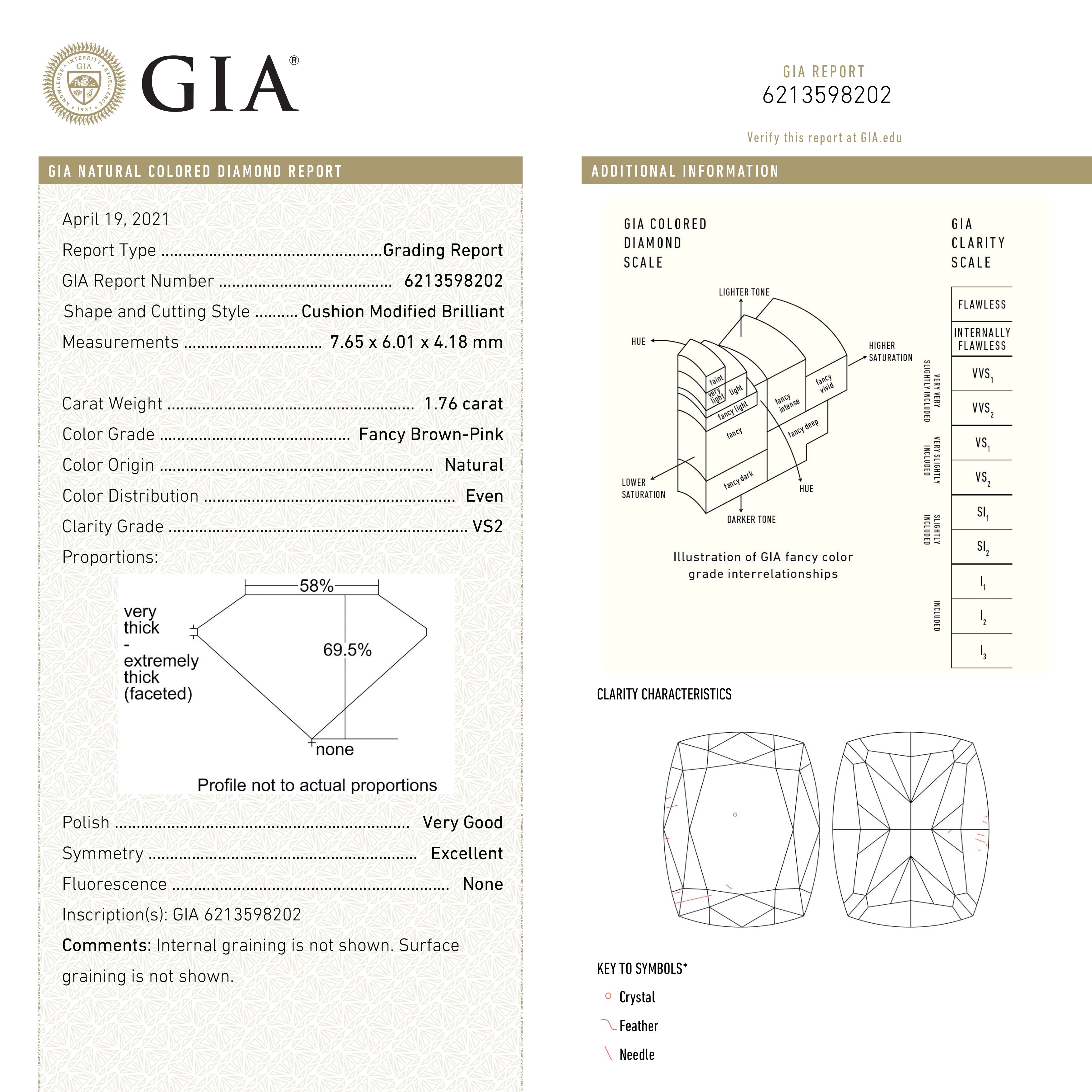 The 1.76ct 7.65x6.01x4.18mm GIA VS2 Fancy Brown-Pink Cushion Brilliant 🇨🇦 24111-01 by East London jeweller Rachel Boston | Discover our collections of unique and timeless engagement rings, wedding rings, and modern fine jewellery.