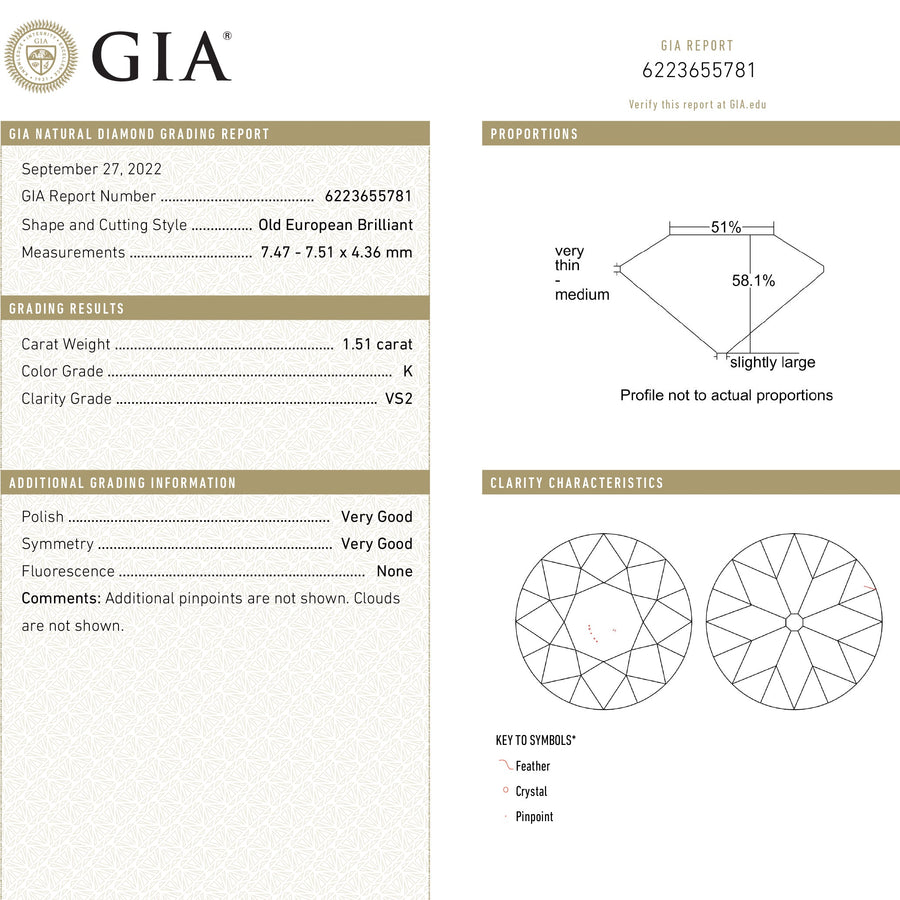 The 1.51ct 7.51x7.47x4.36mm GIA VS2 K Antique Old European Cut 22335-01 by East London jeweller Rachel Boston | Discover our collections of unique and timeless engagement rings, wedding rings, and modern fine jewellery. - Rachel Boston Jewellery