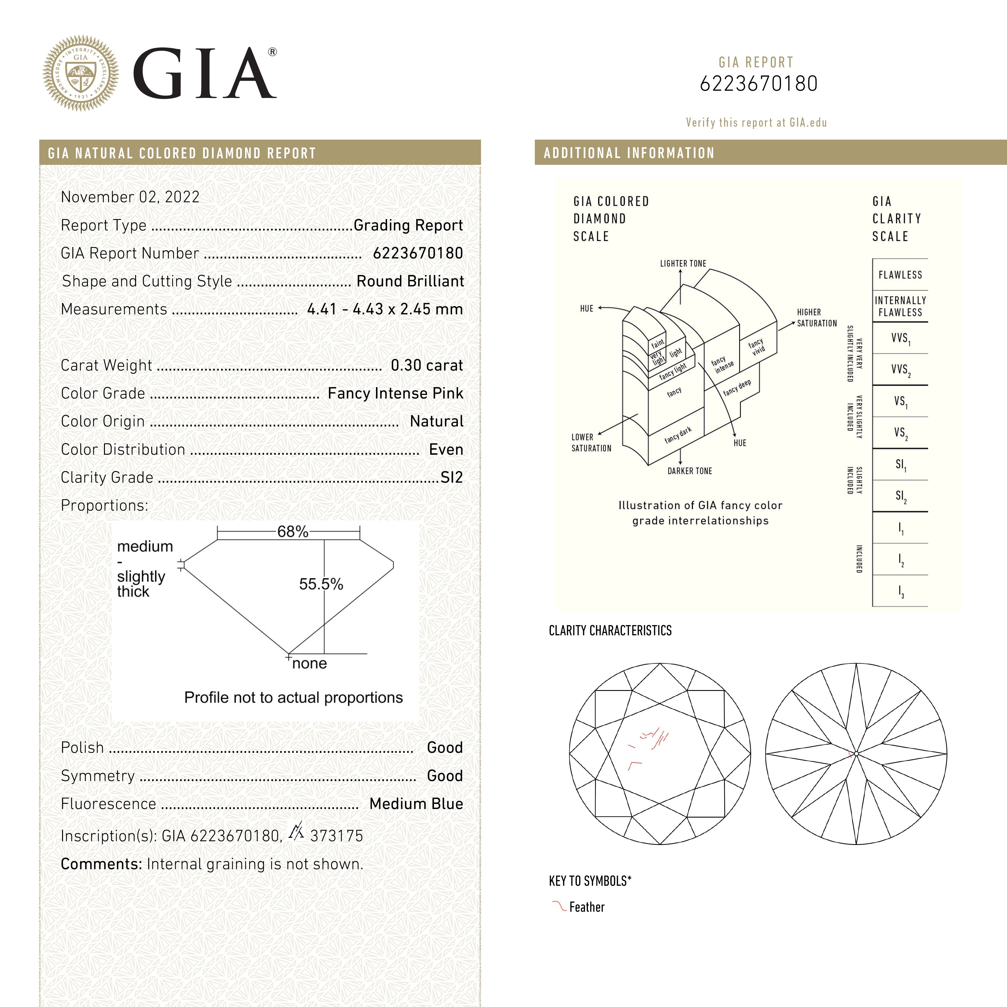 The 0.30ct 4.43x4.41x2.45mm GIA SI2 Fancy Intense Pink Round Brilliant 24144-01 by East London jeweller Rachel Boston | Discover our collections of unique and timeless engagement rings, wedding rings, and modern fine jewellery.