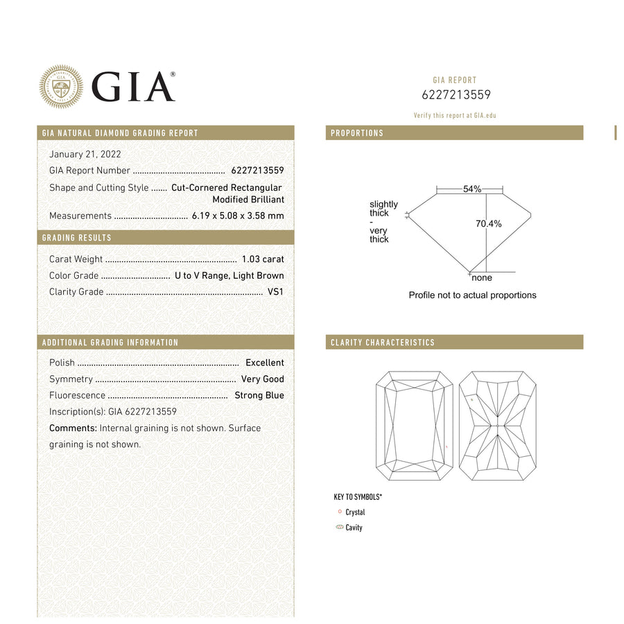 1.03ct 6.19x5.08x3.58mm GIA VS1 U-V Cut Corner Rectangle Brilliant 27058-01 - Rachel Boston Jewellery