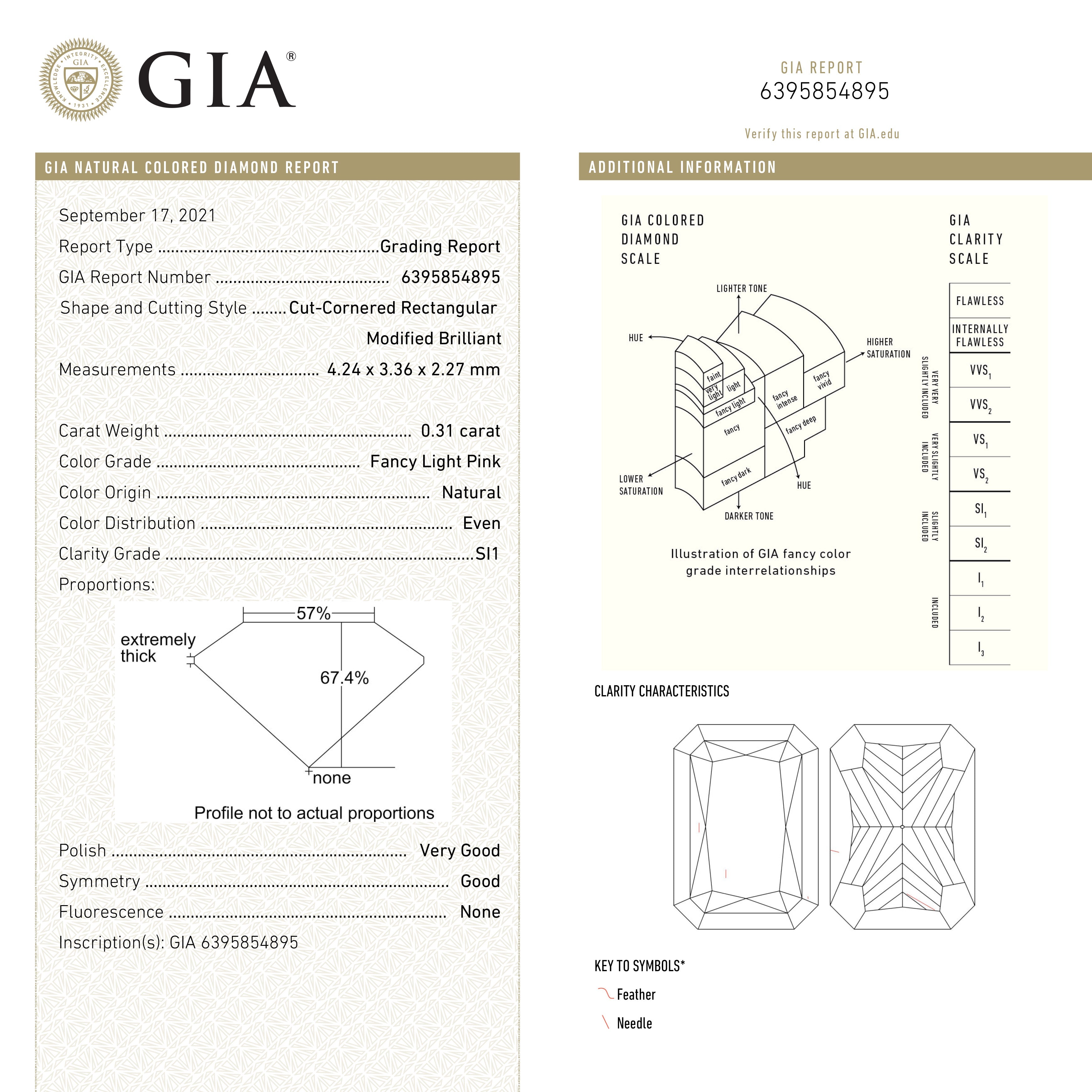 The 0.31ct 4.24x3.36x2.27mm GIA SI1 Fancy Pink Cut Corner Rectangle Brilliant 24095-01 by East London jeweller Rachel Boston | Discover our collections of unique and timeless engagement rings, wedding rings, and modern fine jewellery.