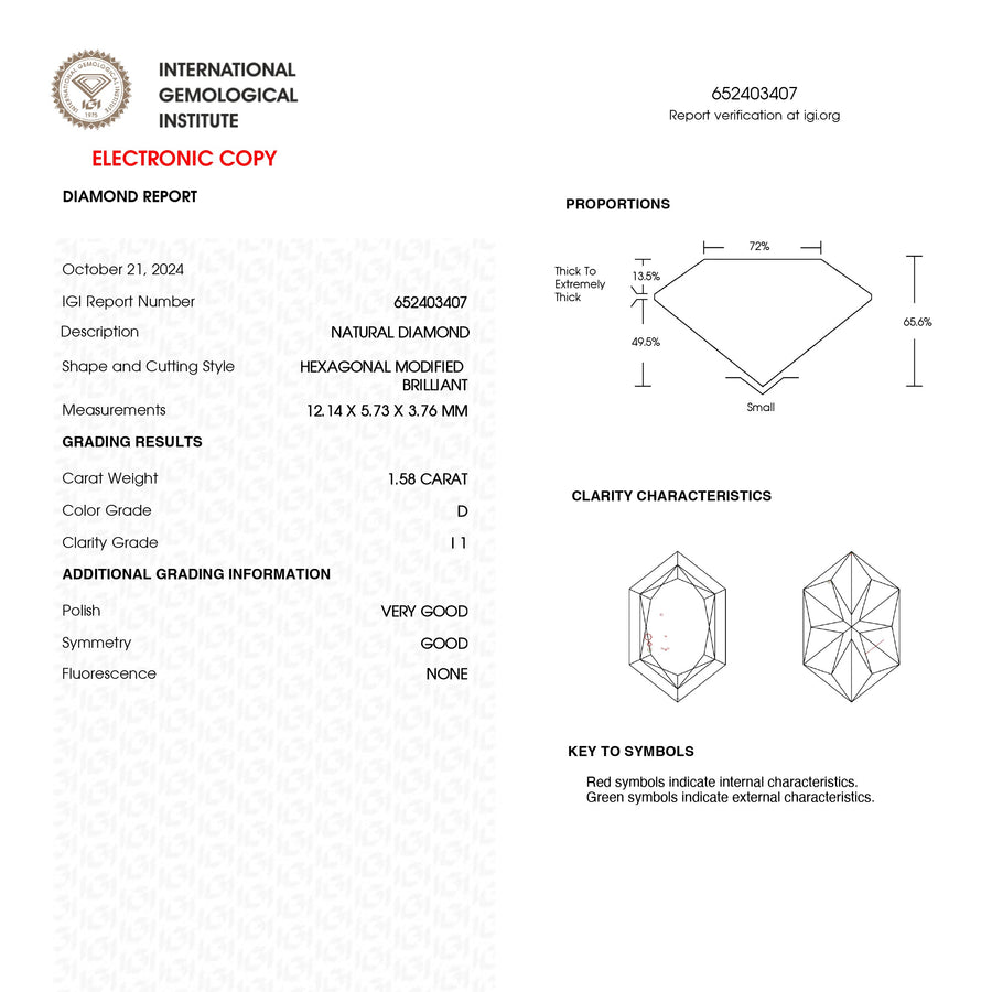 The 1.58ct 12.14x5.73x3.76mm IGI I1 D Hexagon Brilliant 25747-01 by East London jeweller Rachel Boston | Discover our collections of unique and timeless engagement rings, wedding rings, and modern fine jewellery. - Rachel Boston Jewellery