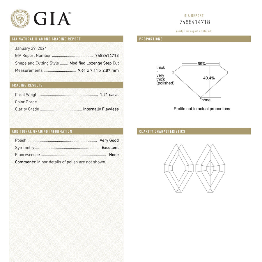 1.21ct 9.61x7.11x2.87mm GIA Internally Flawless L Lozenge Step Cut 25077-01 - Rachel Boston Jewellery