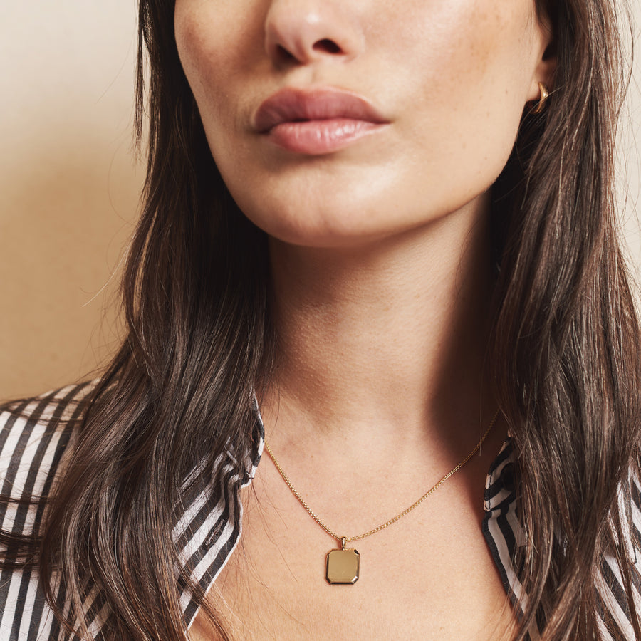 The Chamfered Rectangular ID Necklace by East London jeweller Rachel Boston | Discover our collections of unique and timeless engagement rings, wedding rings, and modern fine jewellery. - Rachel Boston Jewellery