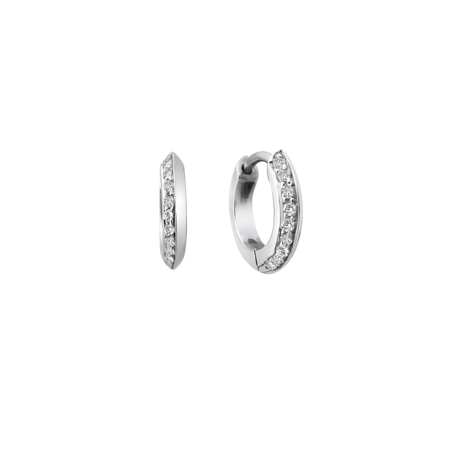 The 10mm Knife Edge Diamond Huggie Hoop Earrings by East London jeweller Rachel Boston | Discover our collections of unique and timeless engagement rings, wedding rings, and modern fine jewellery.