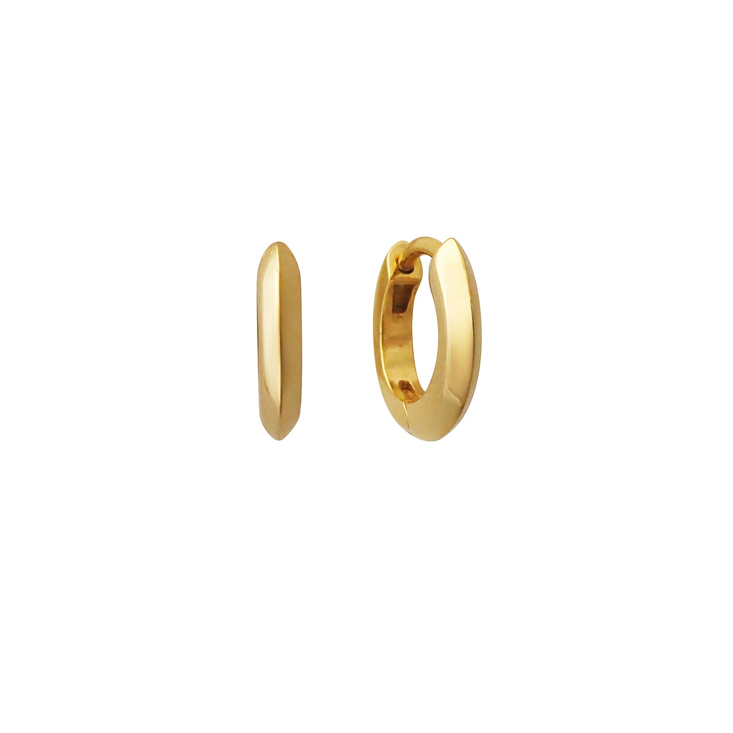 The 10mm Knife Edge Huggie Hoop Earrings by East London jeweller Rachel Boston | Discover our collections of unique and timeless engagement rings, wedding rings, and modern fine jewellery.
