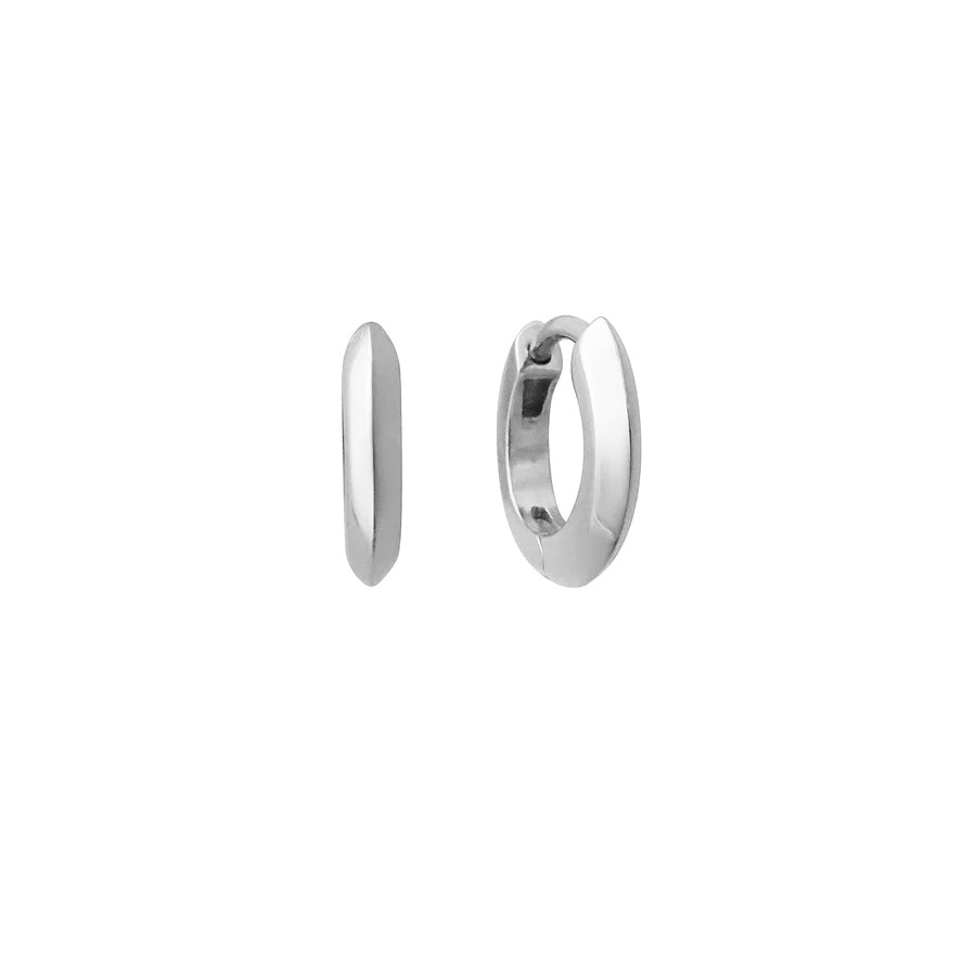 The 10mm Knife Edge Huggie Hoop Earrings by East London jeweller Rachel Boston | Discover our collections of unique and timeless engagement rings, wedding rings, and modern fine jewellery.