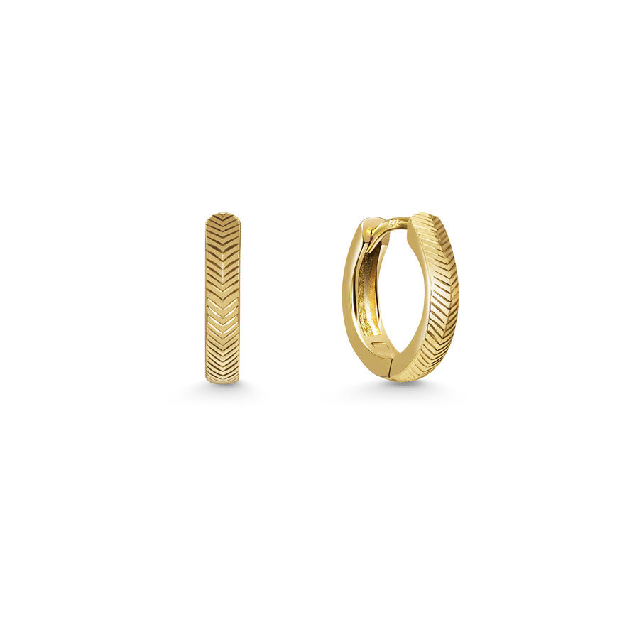 The 12.8mm Engraved Chevron Huggie Hoop Earrings by East London jeweller Rachel Boston | Discover our collections of unique and timeless engagement rings, wedding rings, and modern fine jewellery. - Rachel Boston Jewellery