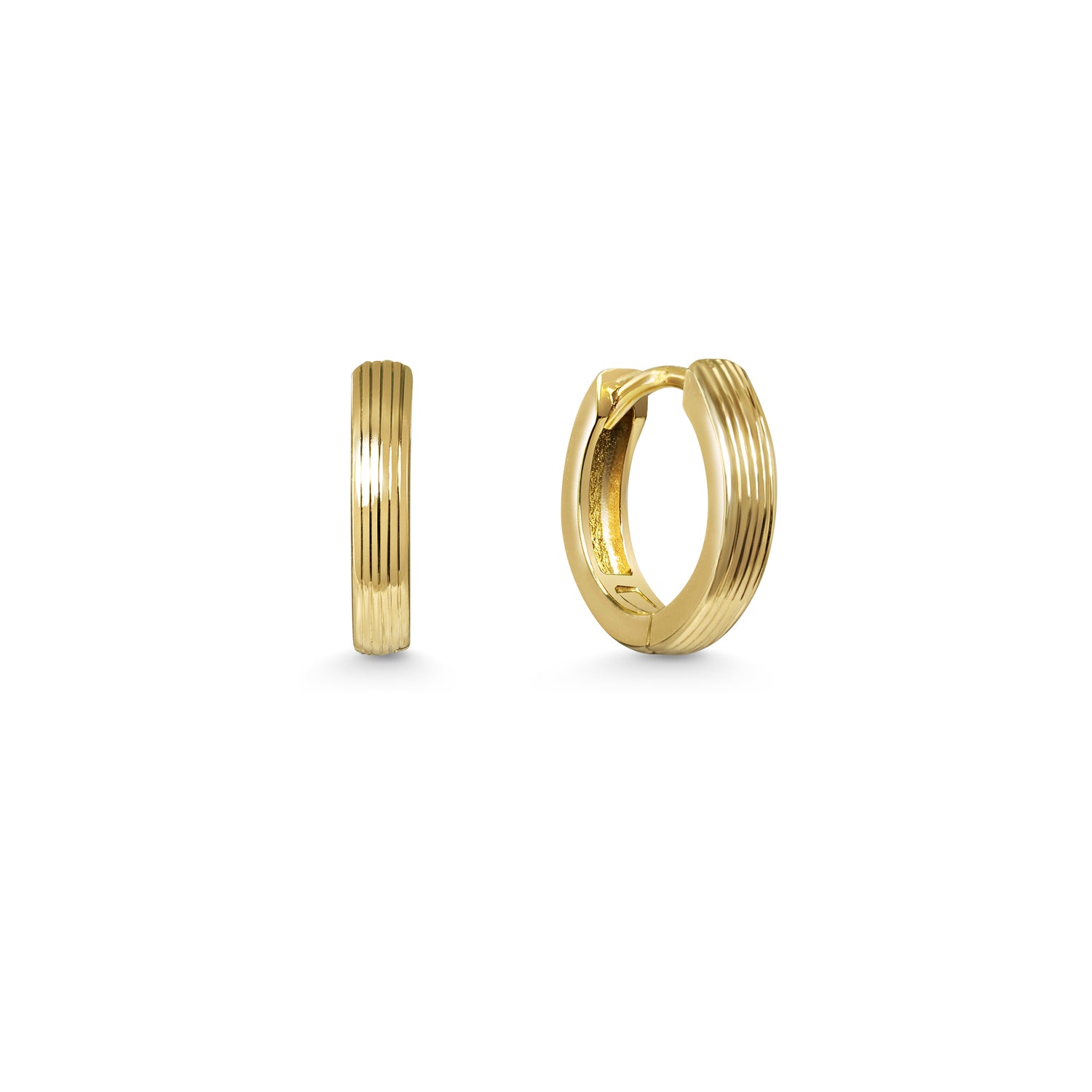 The 12.8mm Engraved Lines Huggie Hoop Earrings by East London jeweller Rachel Boston | Discover our collections of unique and timeless engagement rings, wedding rings, and modern fine jewellery.