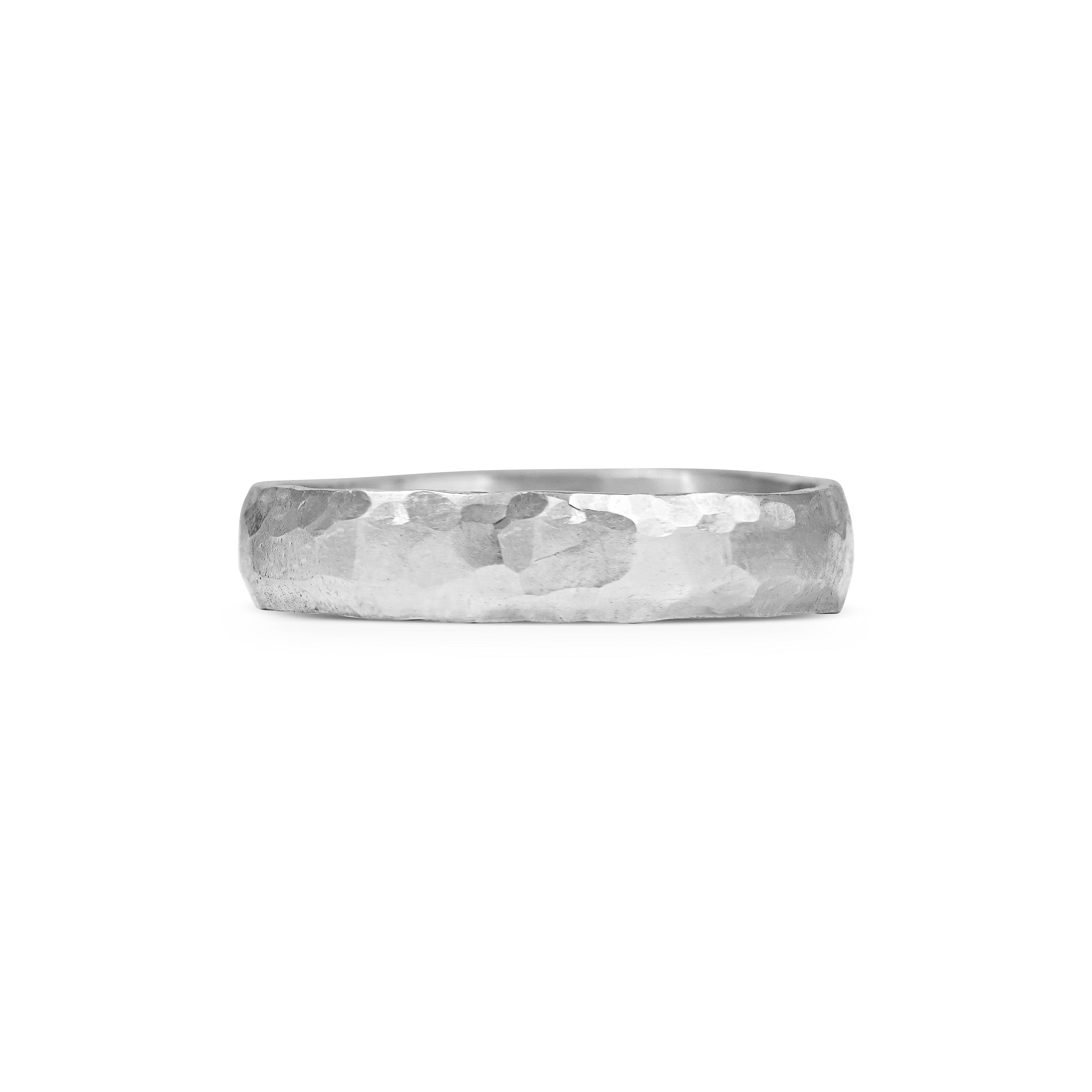 The Matte Hammered D Shape Wedding Band - 4.5mm by East London jeweller Rachel Boston | Discover our collections of unique and timeless engagement rings, wedding rings, and modern fine jewellery.