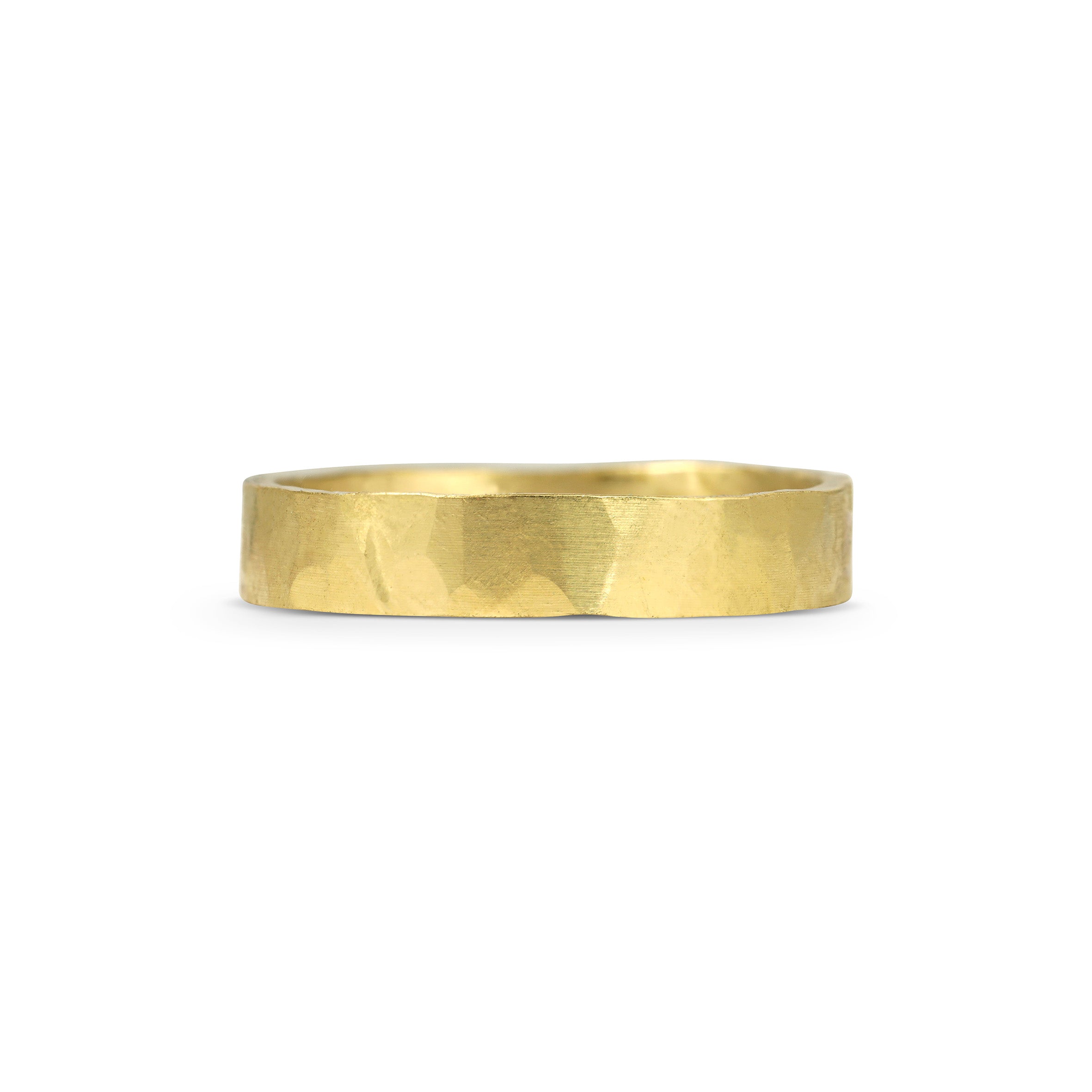 The Matte Hammered Flat Wedding Band - 4.5mm by East London jeweller Rachel Boston | Discover our collections of unique and timeless engagement rings, wedding rings, and modern fine jewellery.