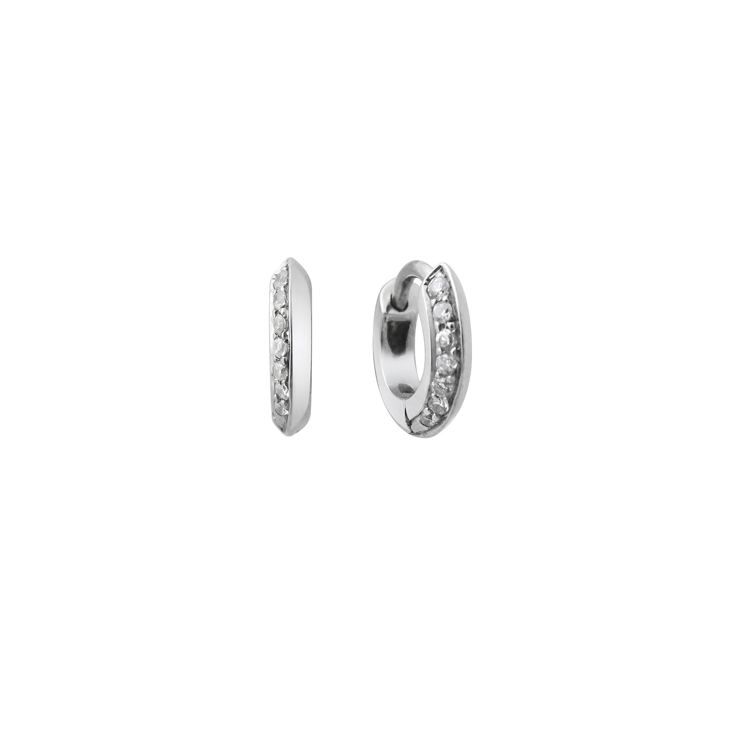 The 6.5mm Knife Edge Diamond Huggie Hoop Earrings by East London jeweller Rachel Boston | Discover our collections of unique and timeless engagement rings, wedding rings, and modern fine jewellery.