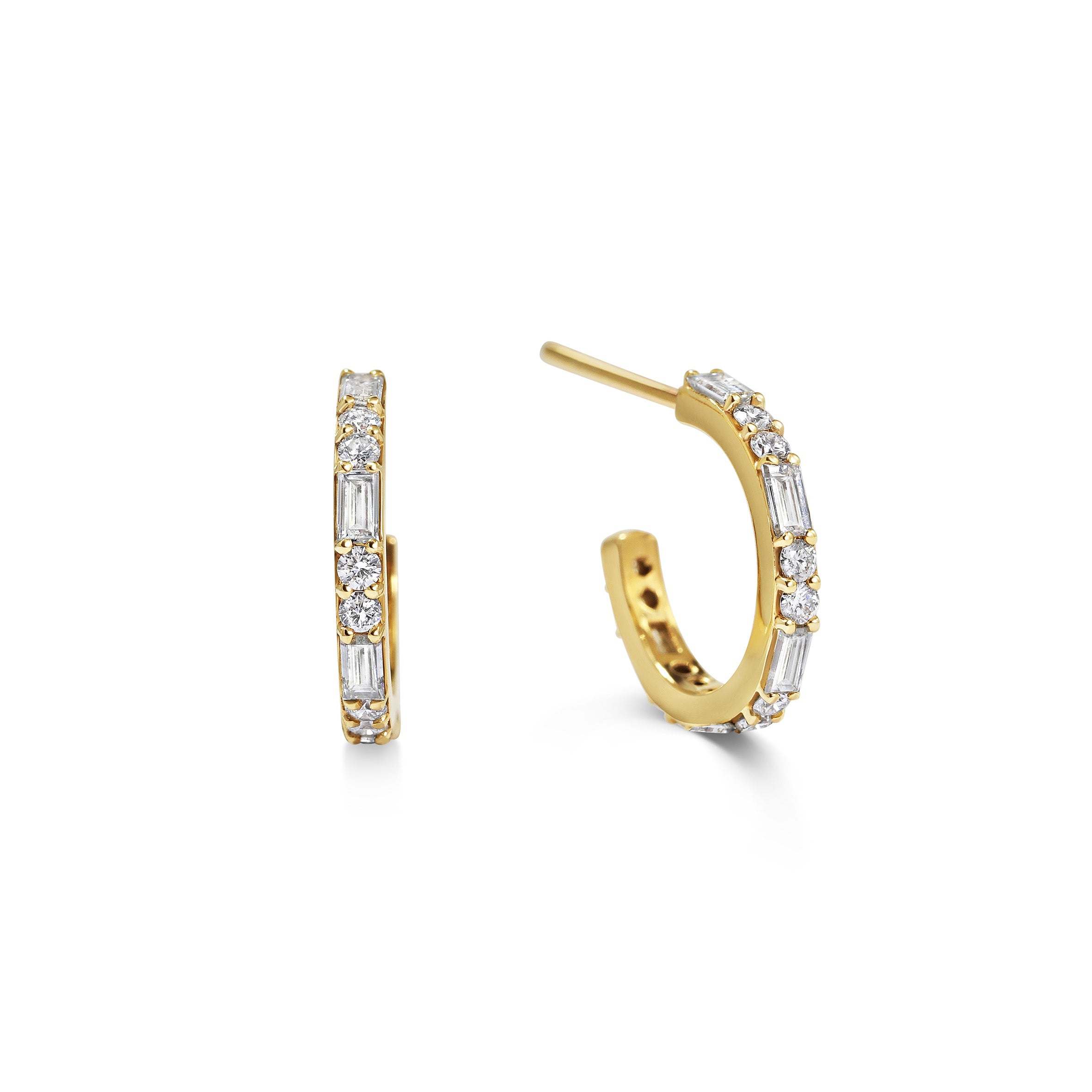 The Baguette & Round Hoop Earrings by East London jeweller Rachel Boston | Discover our collections of unique and timeless engagement rings, wedding rings, and modern fine jewellery.