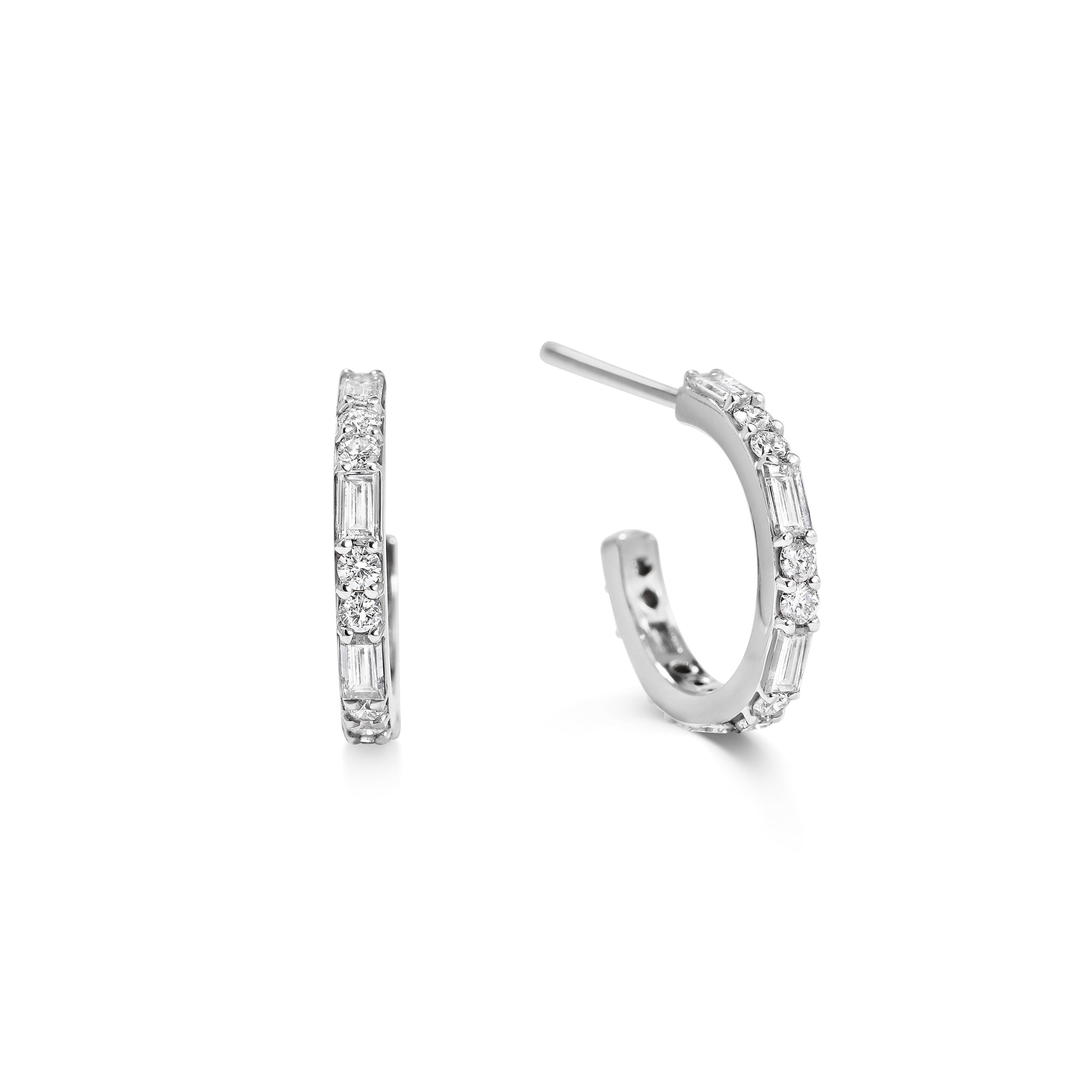 The Baguette & Round Hoop Earrings by East London jeweller Rachel Boston | Discover our collections of unique and timeless engagement rings, wedding rings, and modern fine jewellery.