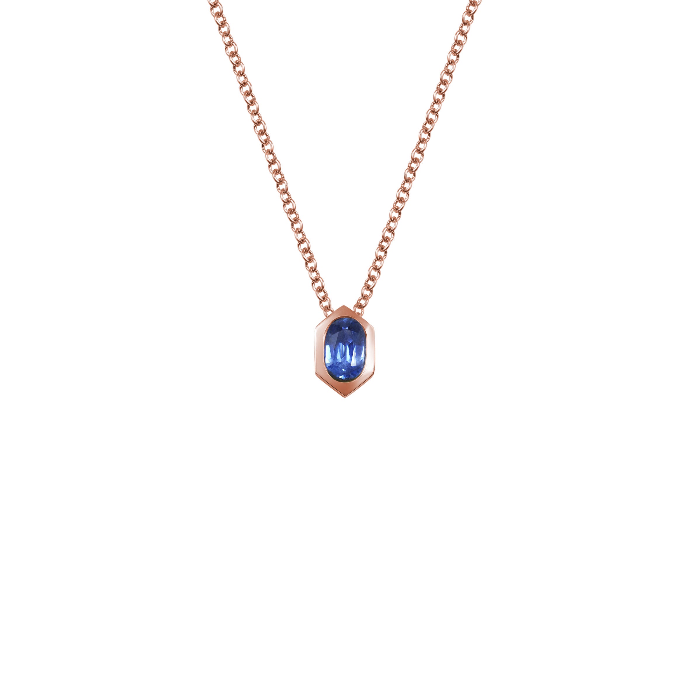The Oval Sapphire Hexagon Necklace by East London jeweller Rachel Boston | Discover our collections of unique and timeless engagement rings, wedding rings, and modern fine jewellery.