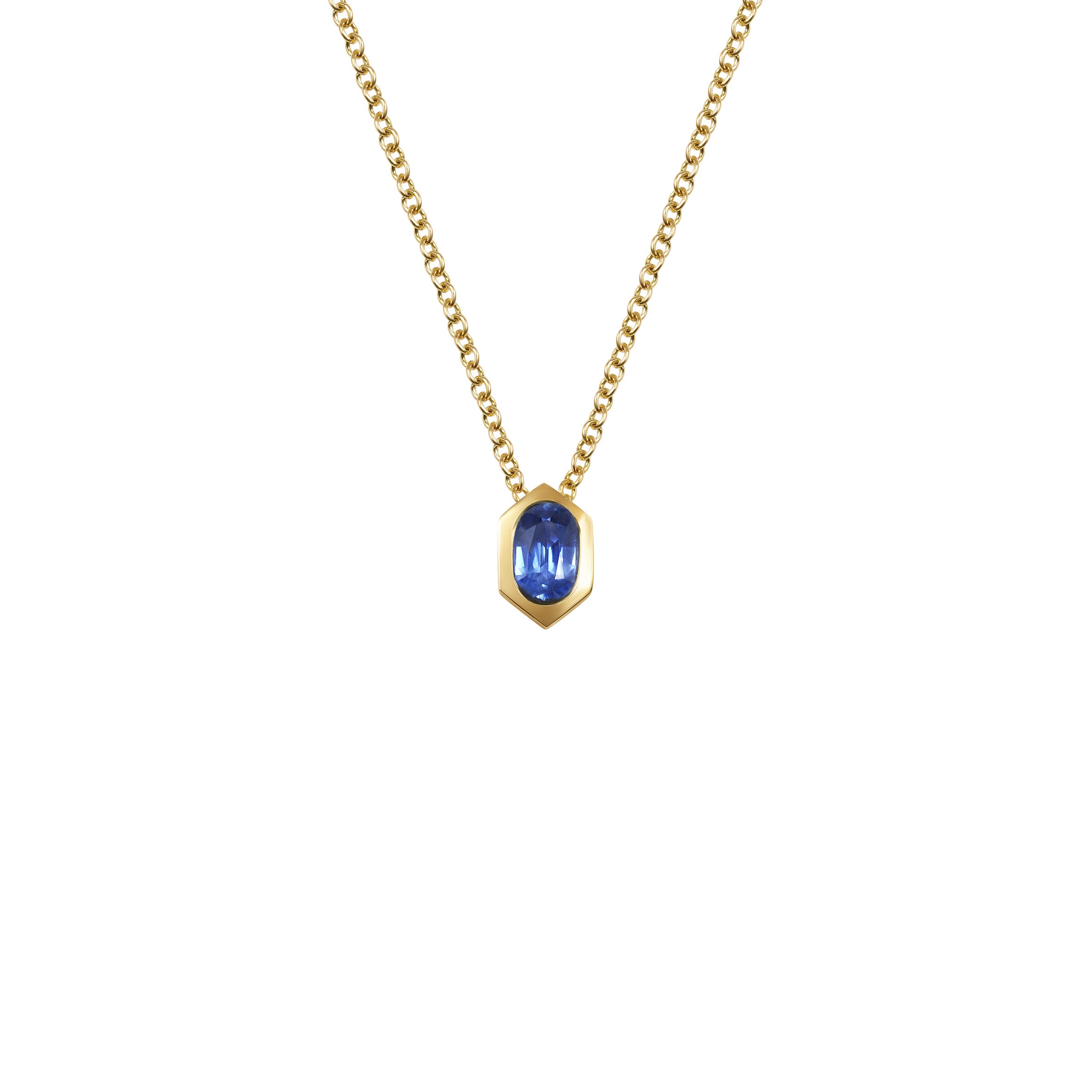 The Oval Sapphire Hexagon Necklace by East London jeweller Rachel Boston | Discover our collections of unique and timeless engagement rings, wedding rings, and modern fine jewellery.