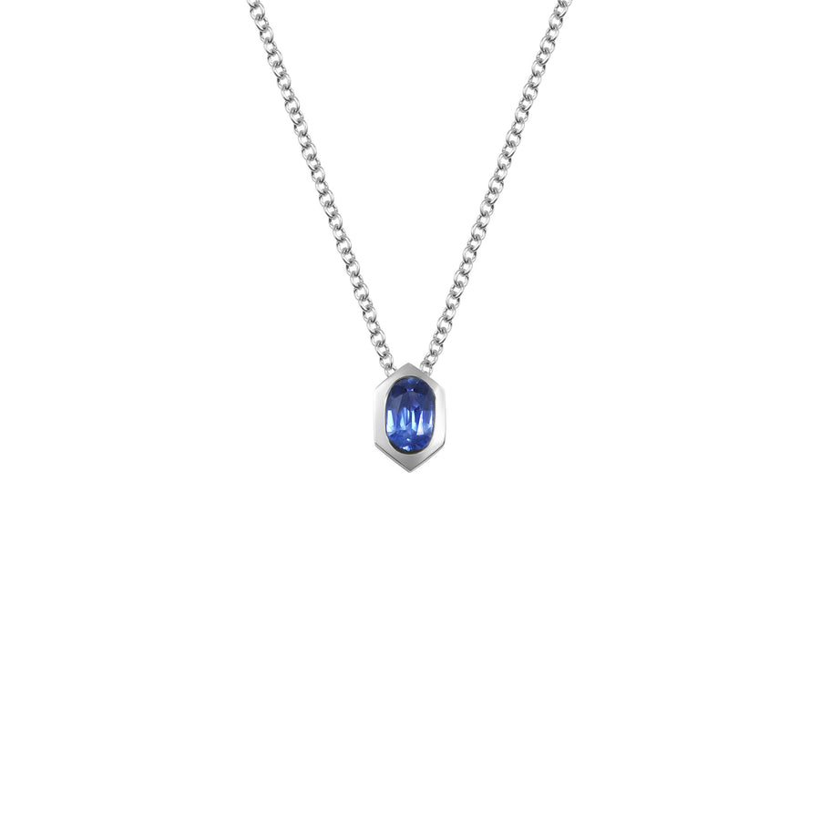 The Oval Sapphire Hexagon Necklace by East London jeweller Rachel Boston | Discover our collections of unique and timeless engagement rings, wedding rings, and modern fine jewellery. - Rachel Boston Jewellery