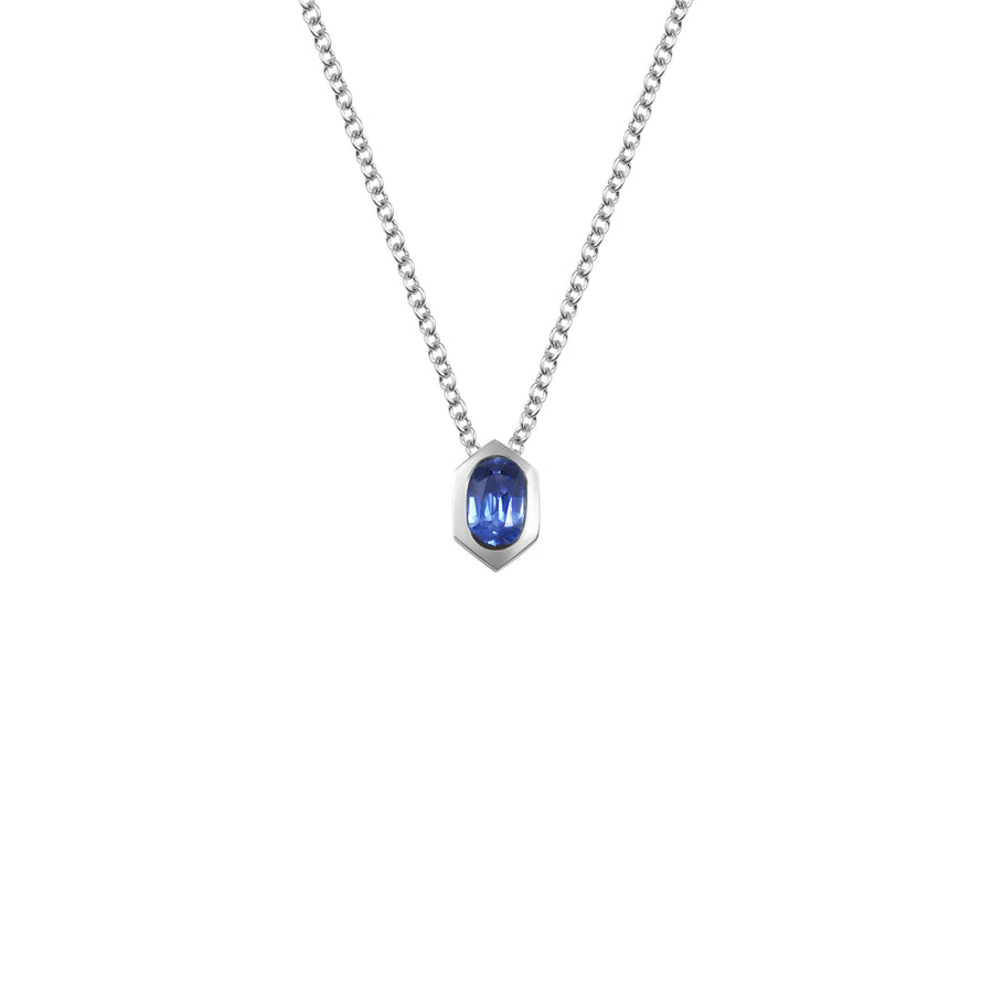 The Oval Sapphire Hexagon Necklace by East London jeweller Rachel Boston | Discover our collections of unique and timeless engagement rings, wedding rings, and modern fine jewellery. - Rachel Boston Jewellery