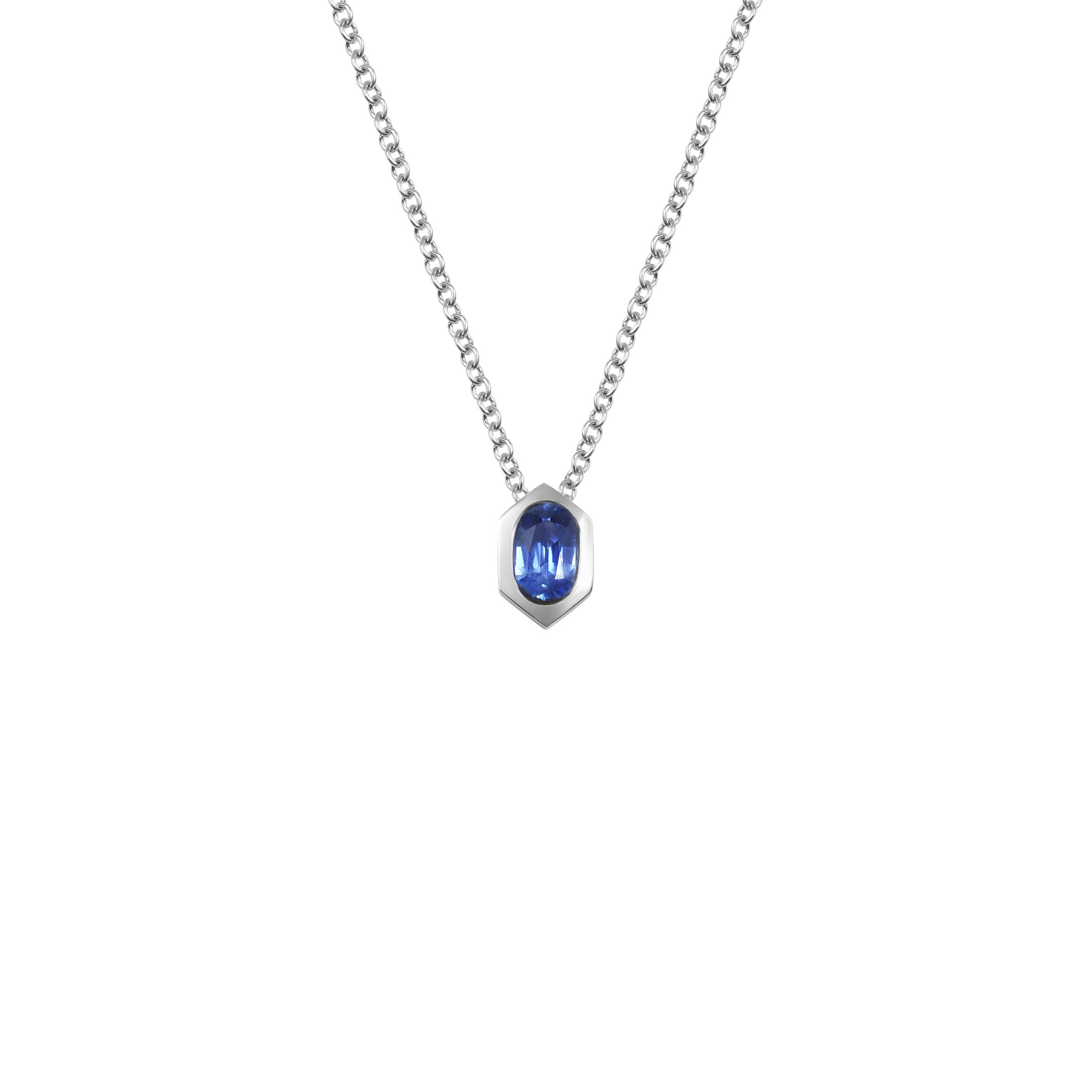 The Oval Sapphire Hexagon Necklace by East London jeweller Rachel Boston | Discover our collections of unique and timeless engagement rings, wedding rings, and modern fine jewellery.