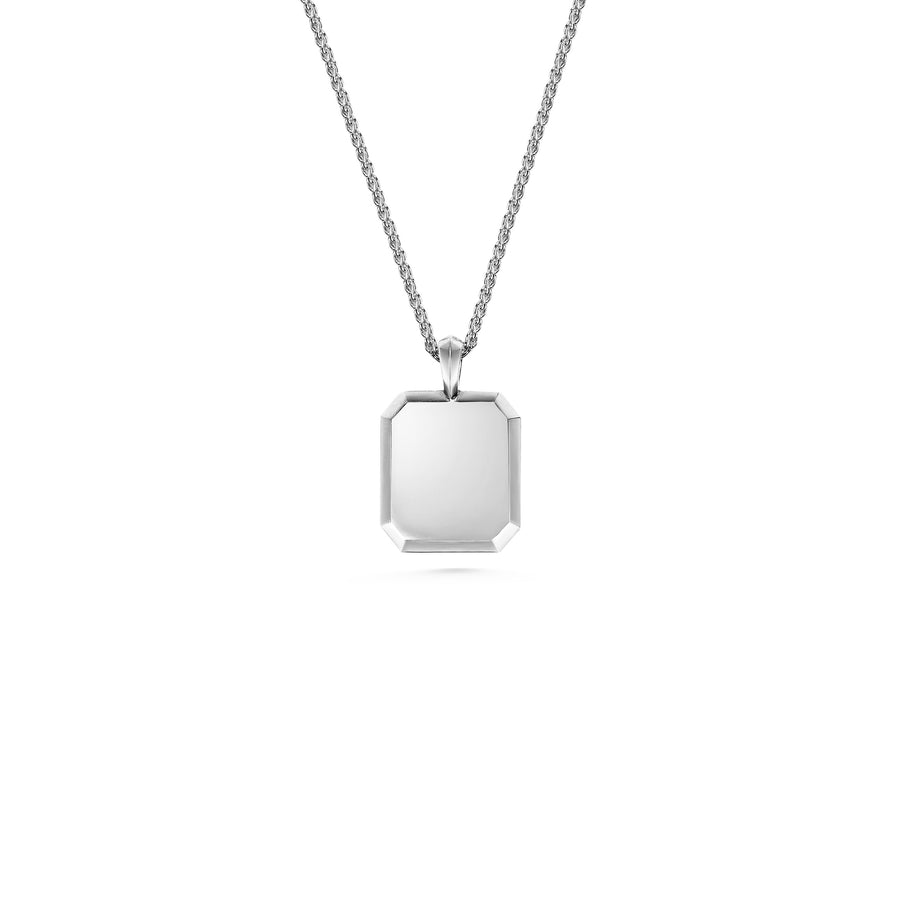The Chamfered Rectangular ID Necklace by East London jeweller Rachel Boston | Discover our collections of unique and timeless engagement rings, wedding rings, and modern fine jewellery. - Rachel Boston Jewellery