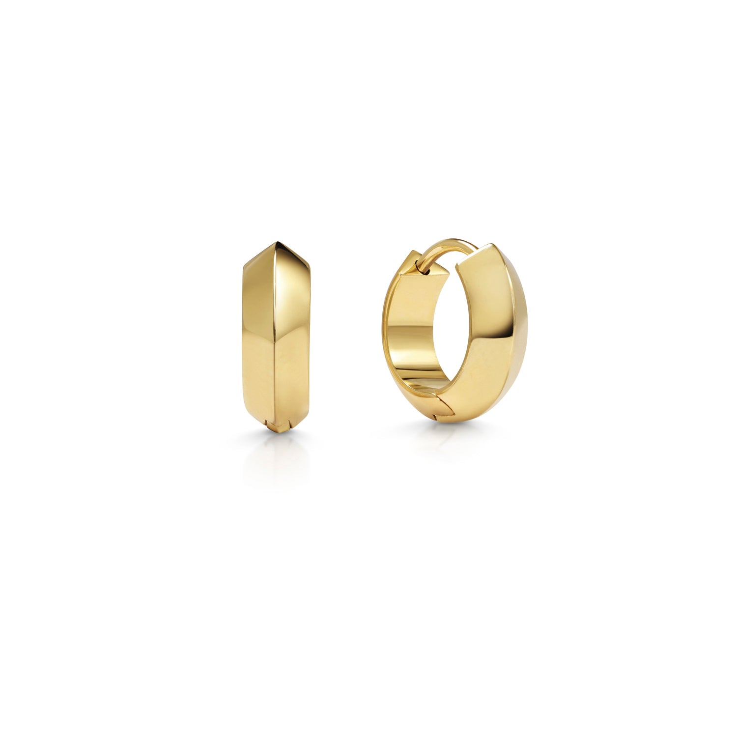 The Chunky Knife Edge Huggie Hoop Earrings by East London jeweller Rachel Boston | Discover our collections of unique and timeless engagement rings, wedding rings, and modern fine jewellery.