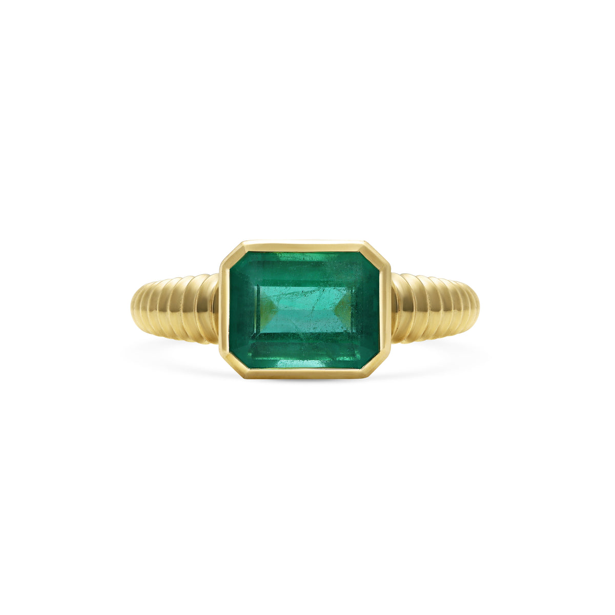 The X - Emerald Col Ring by East London jeweller Rachel Boston | Discover our collections of unique and timeless engagement rings, wedding rings, and modern fine jewellery.