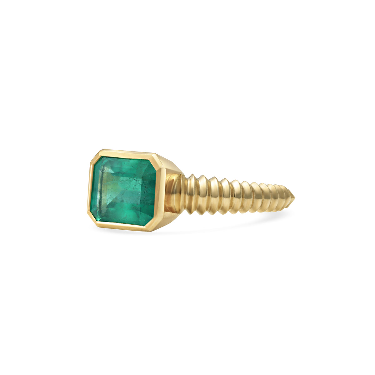 The X - Emerald Col Ring by East London jeweller Rachel Boston | Discover our collections of unique and timeless engagement rings, wedding rings, and modern fine jewellery.