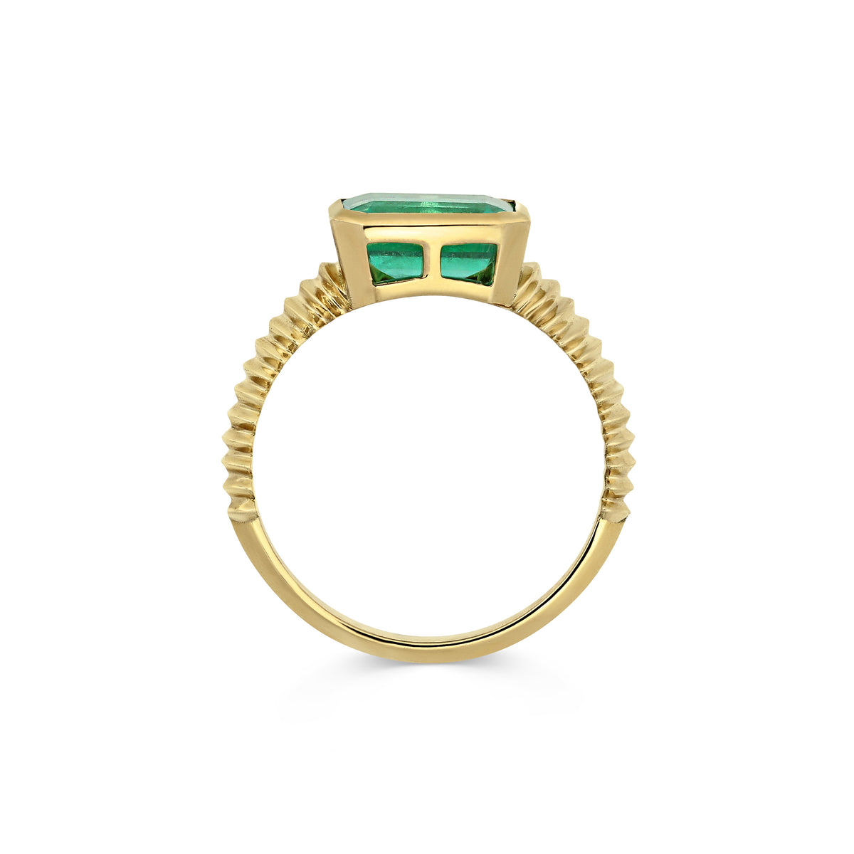 The X - Emerald Col Ring by East London jeweller Rachel Boston | Discover our collections of unique and timeless engagement rings, wedding rings, and modern fine jewellery.