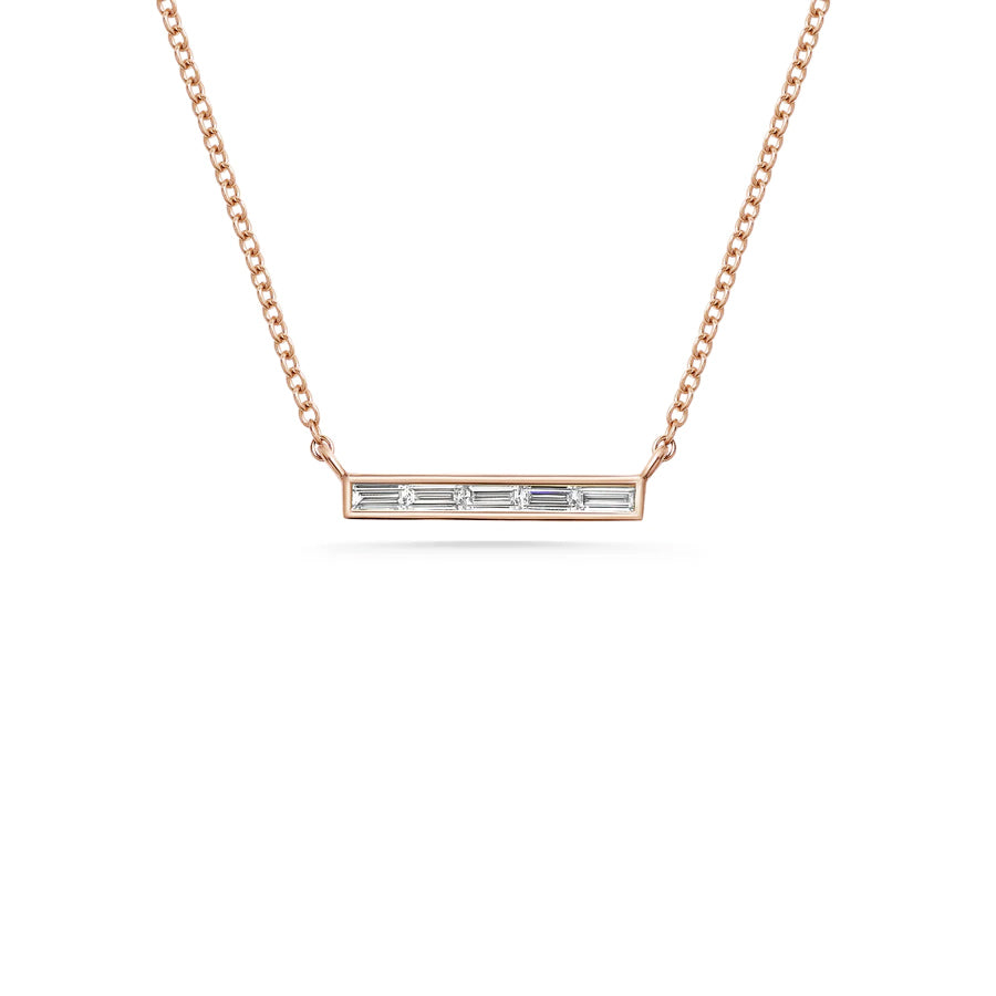 The Diamond Baguette Bar Necklace by East London jeweller Rachel Boston | Discover our collections of unique and timeless engagement rings, wedding rings, and modern fine jewellery.