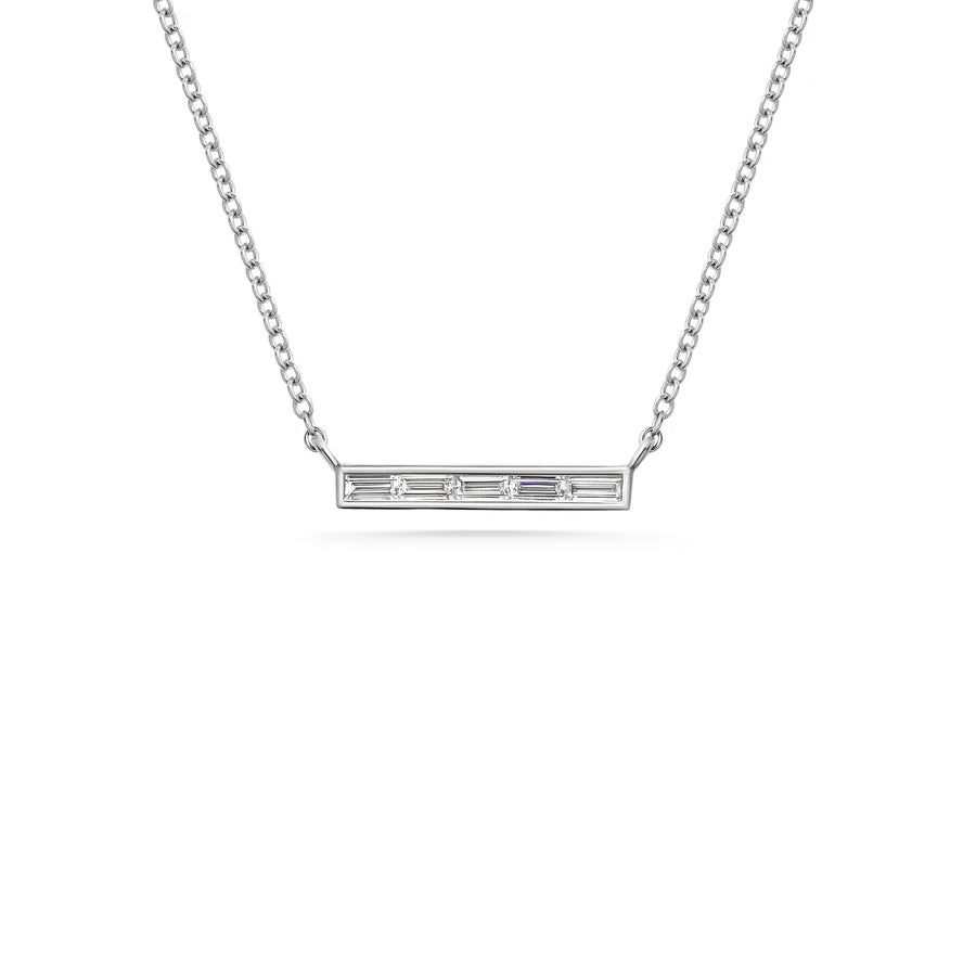 The Diamond Baguette Bar Necklace by East London jeweller Rachel Boston | Discover our collections of unique and timeless engagement rings, wedding rings, and modern fine jewellery.