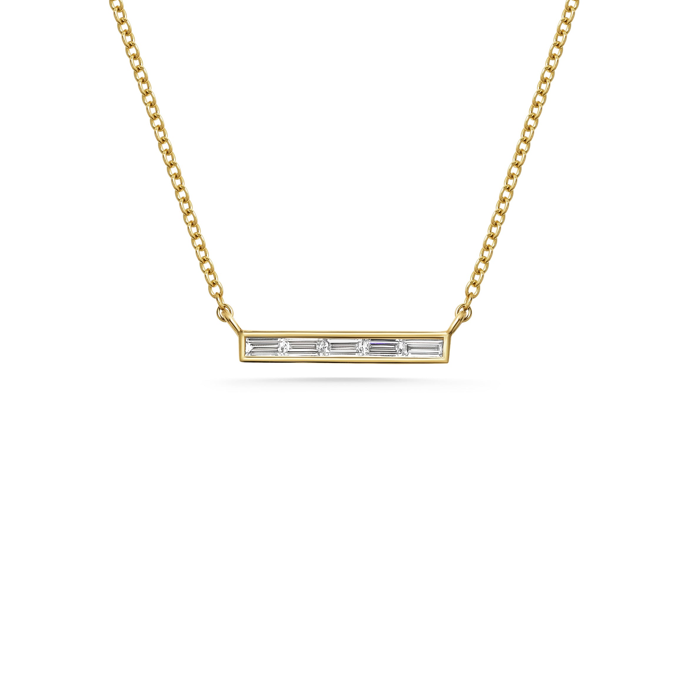 The Diamond Baguette Bar Necklace by East London jeweller Rachel Boston | Discover our collections of unique and timeless engagement rings, wedding rings, and modern fine jewellery.