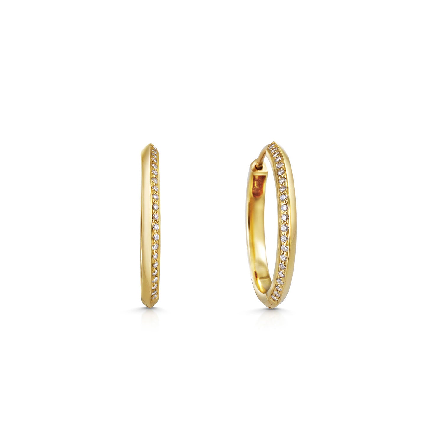 The 20mm Diamond Knife Edge Hoop Earrings by East London jeweller Rachel Boston | Discover our collections of unique and timeless engagement rings, wedding rings, and modern fine jewellery.