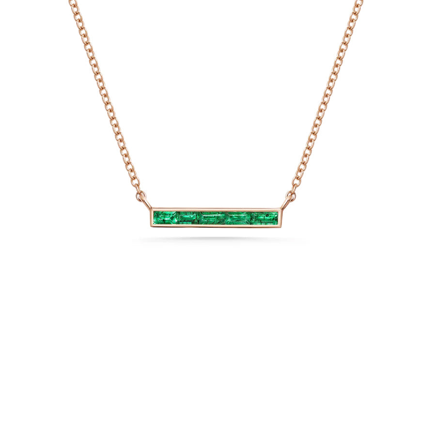 The Emerald Baguette Bar Necklace by East London jeweller Rachel Boston | Discover our collections of unique and timeless engagement rings, wedding rings, and modern fine jewellery.