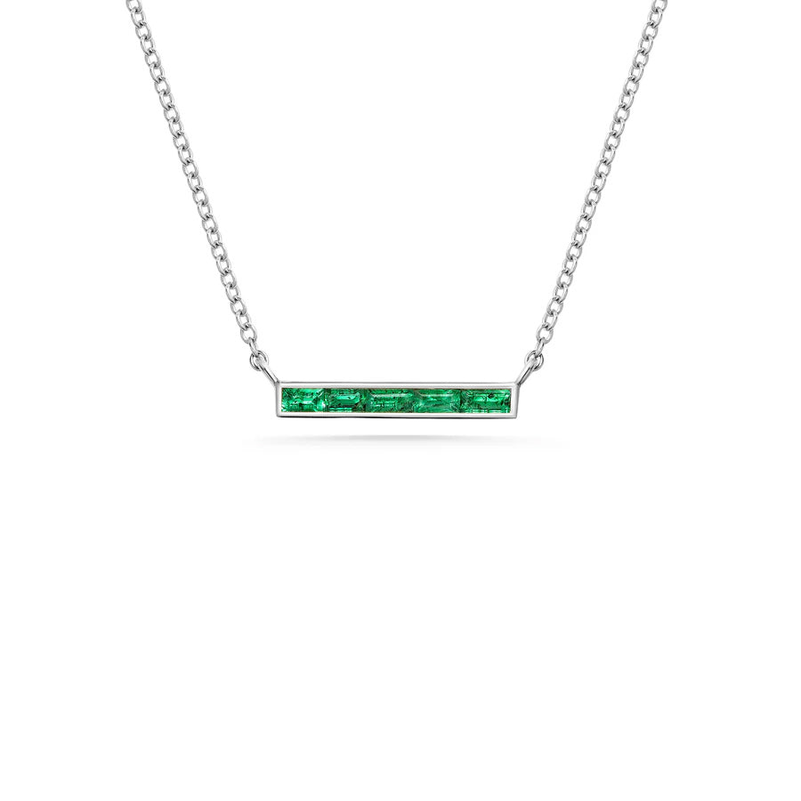The Emerald Baguette Bar Necklace by East London jeweller Rachel Boston | Discover our collections of unique and timeless engagement rings, wedding rings, and modern fine jewellery.