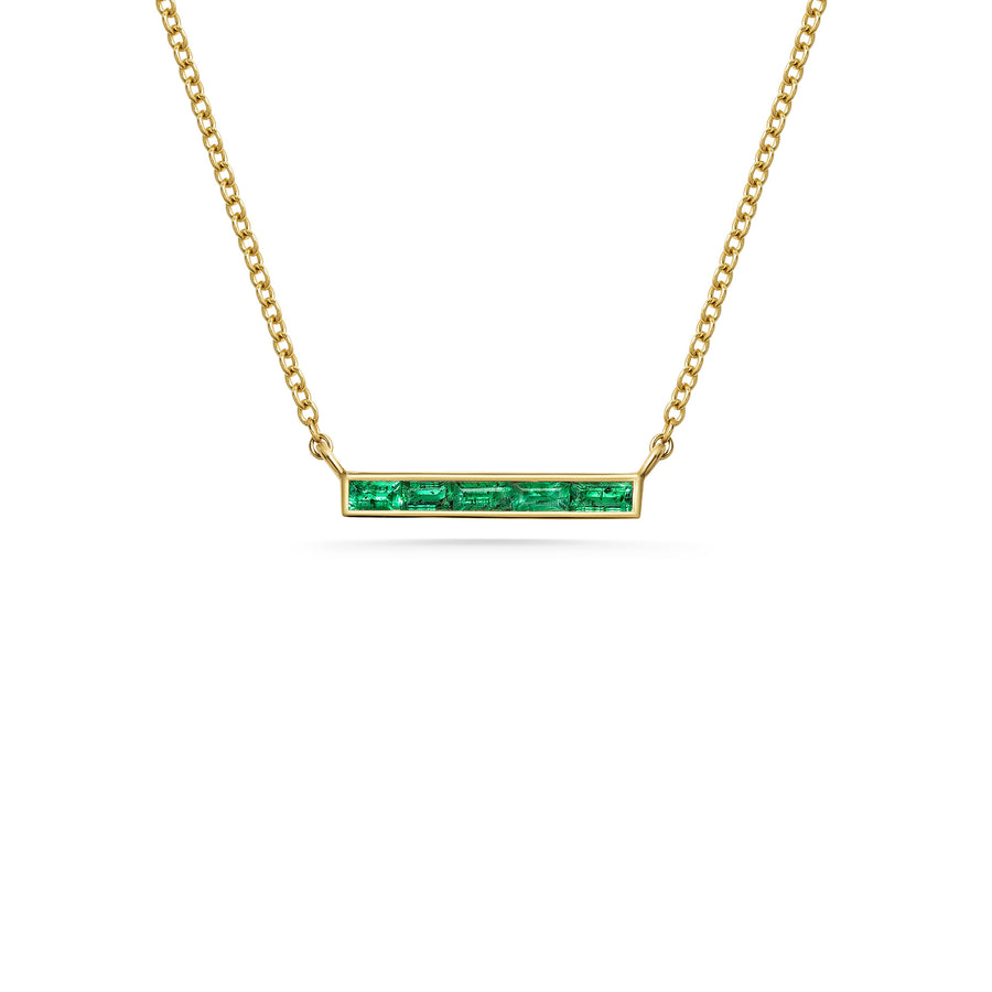 The EMERALD BAGUETTE BAR NECKLACE by East London jeweller Rachel Boston | Discover our collections of unique and timeless engagement rings, wedding rings, and modern fine jewellery. - Rachel Boston Jewellery