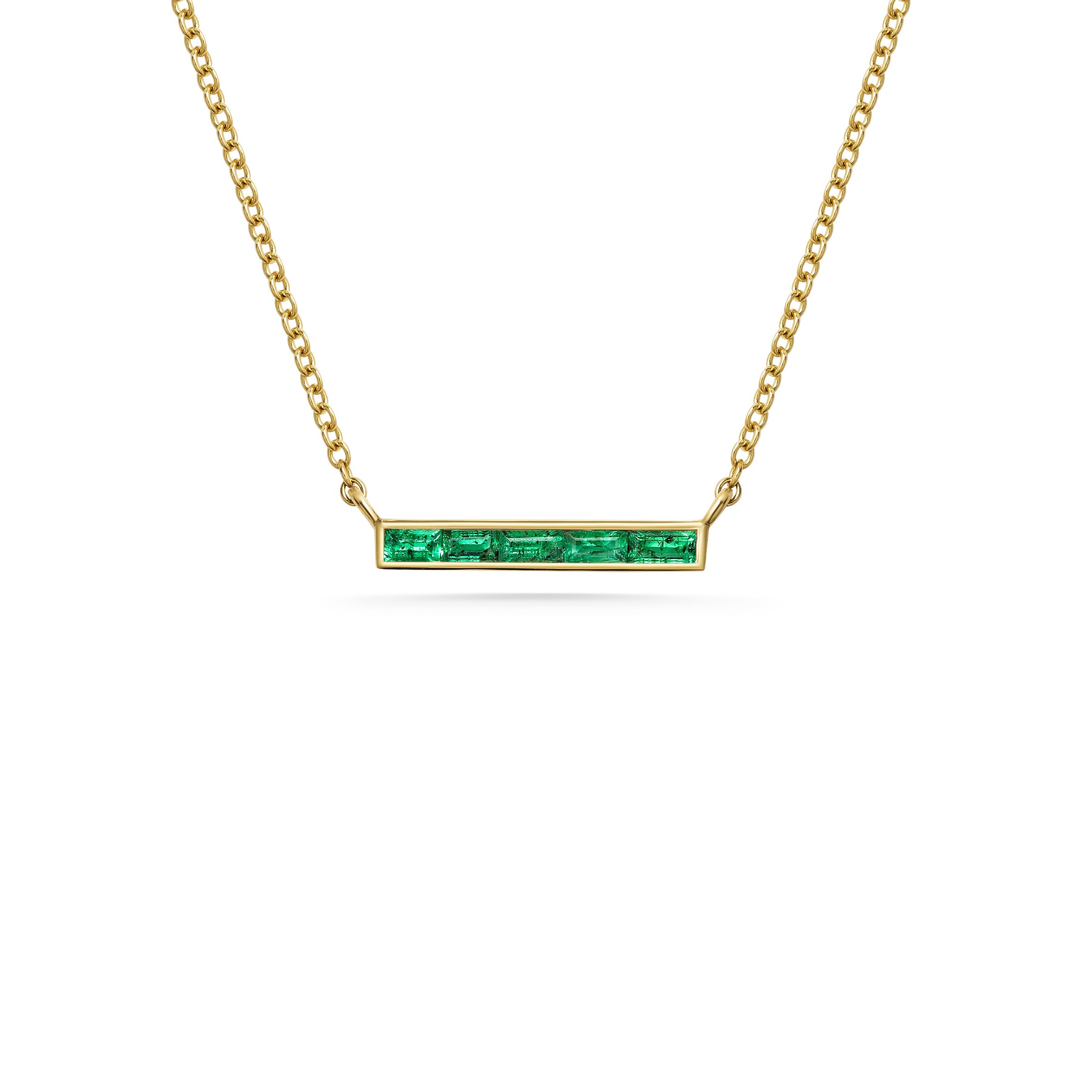 The Emerald Baguette Bar Necklace by East London jeweller Rachel Boston | Discover our collections of unique and timeless engagement rings, wedding rings, and modern fine jewellery.